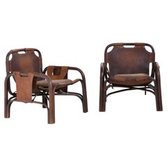 Pair of Tito Agnoli Lounge Chairs, Bamboo and Leather, Italy Mid-20th Century