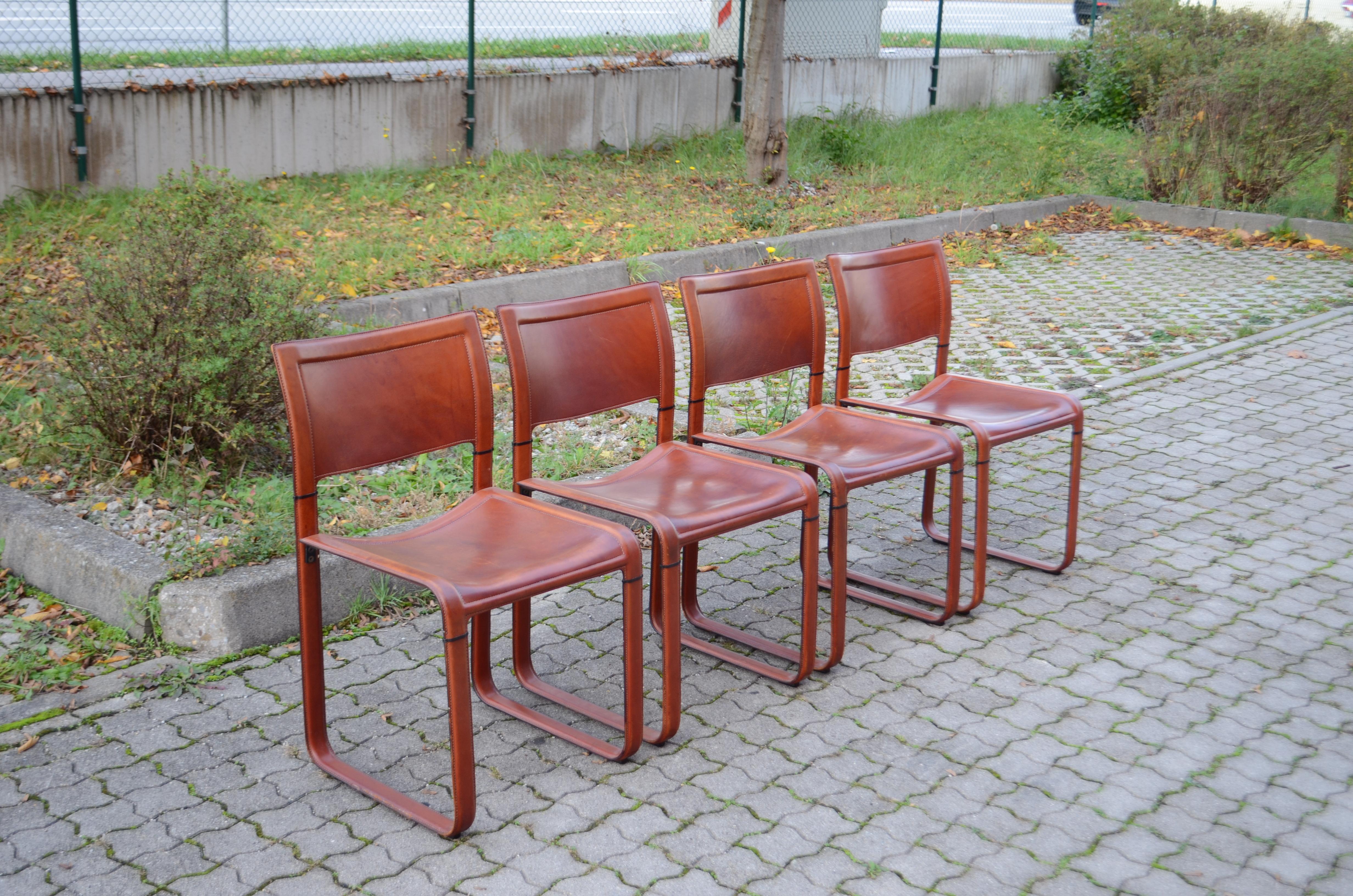 Modern Tito Agnoli Matteo Grassi Model Sistina Oxred Leather Dining Chair Set of 4 For Sale
