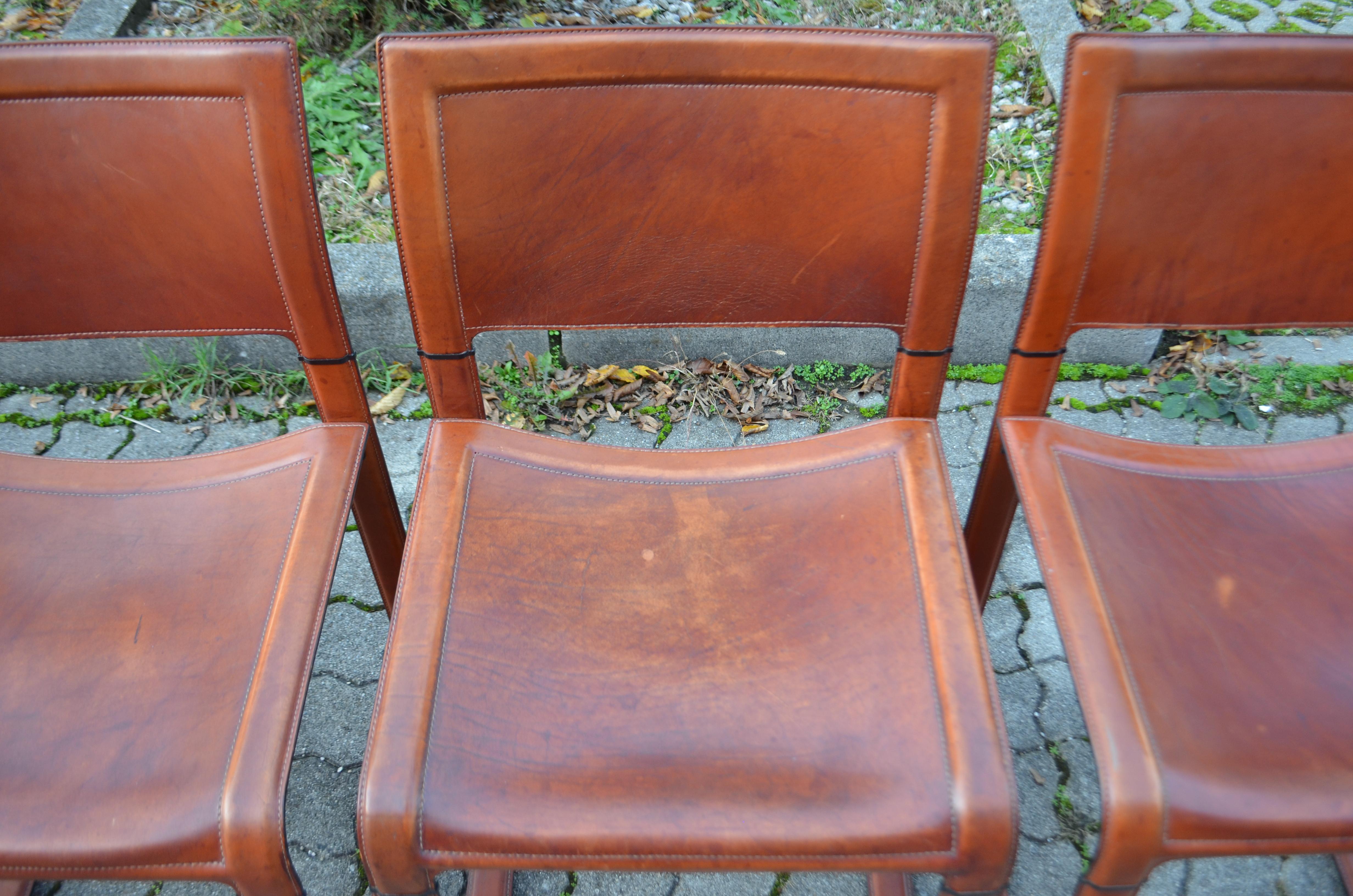 Aluminum Tito Agnoli Matteo Grassi Model Sistina Oxred Leather Dining Chair Set of 4 For Sale