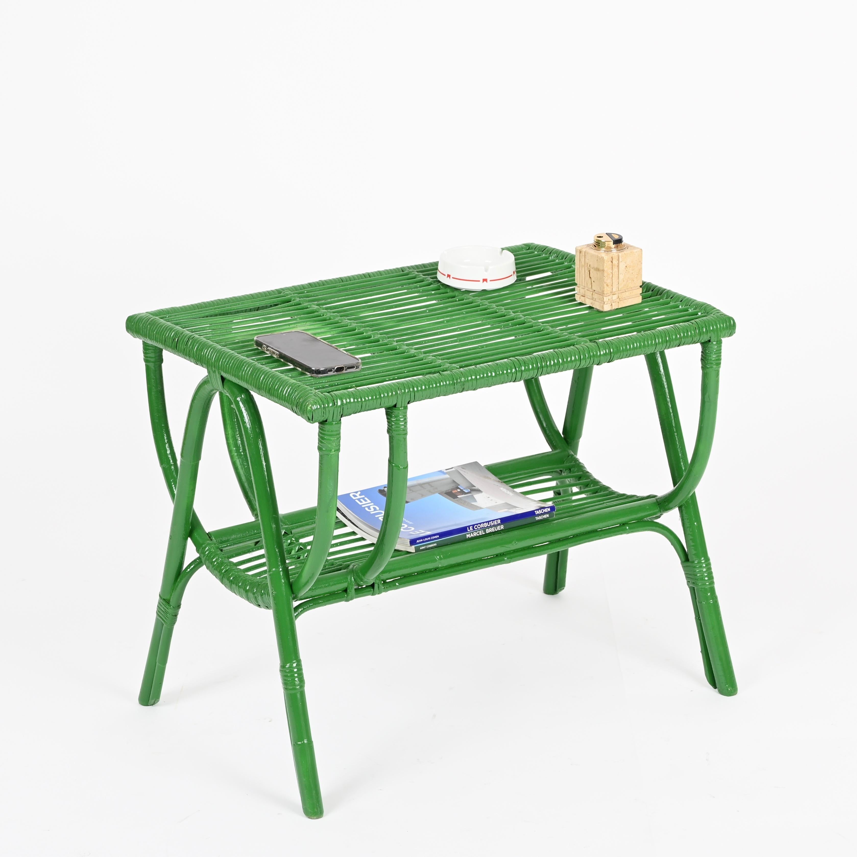 Table basse verte du milieu du siècle en rotin et osier, Italie, années 1960 en vente 4
