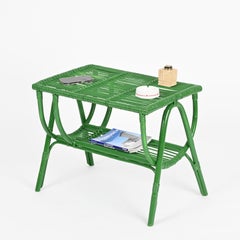 Tito Agnoli Mid-Century Green Coffee Table in Rattan and Wicker, Italy 1960s