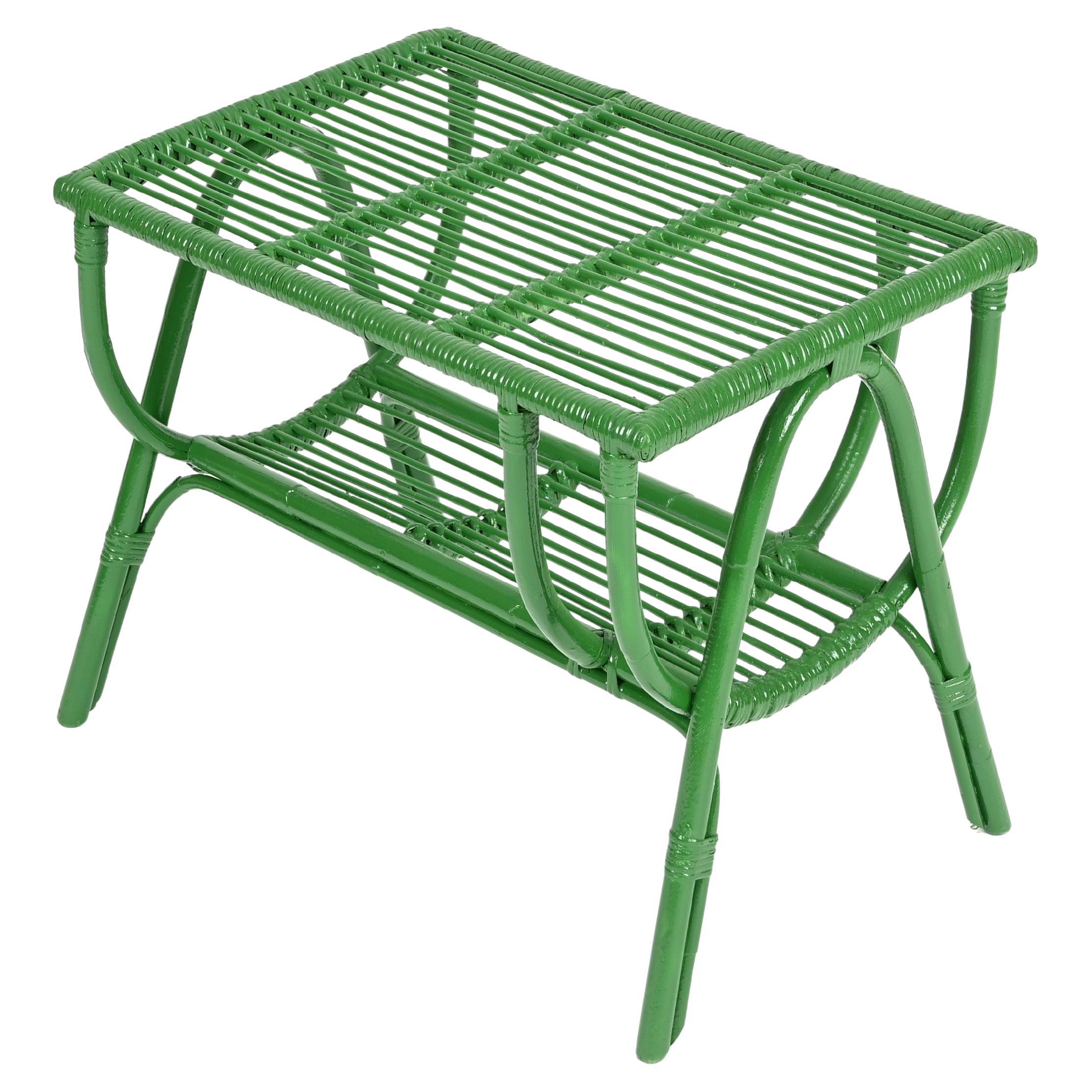 Tito Agnoli Mid-Century Green Coffee Table in Rattan and Wicker, Italy 1960s