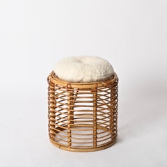 Tito Agnoli Mid-Century Rattan and Wicker Round Pouf Stool, Italy, 1960s