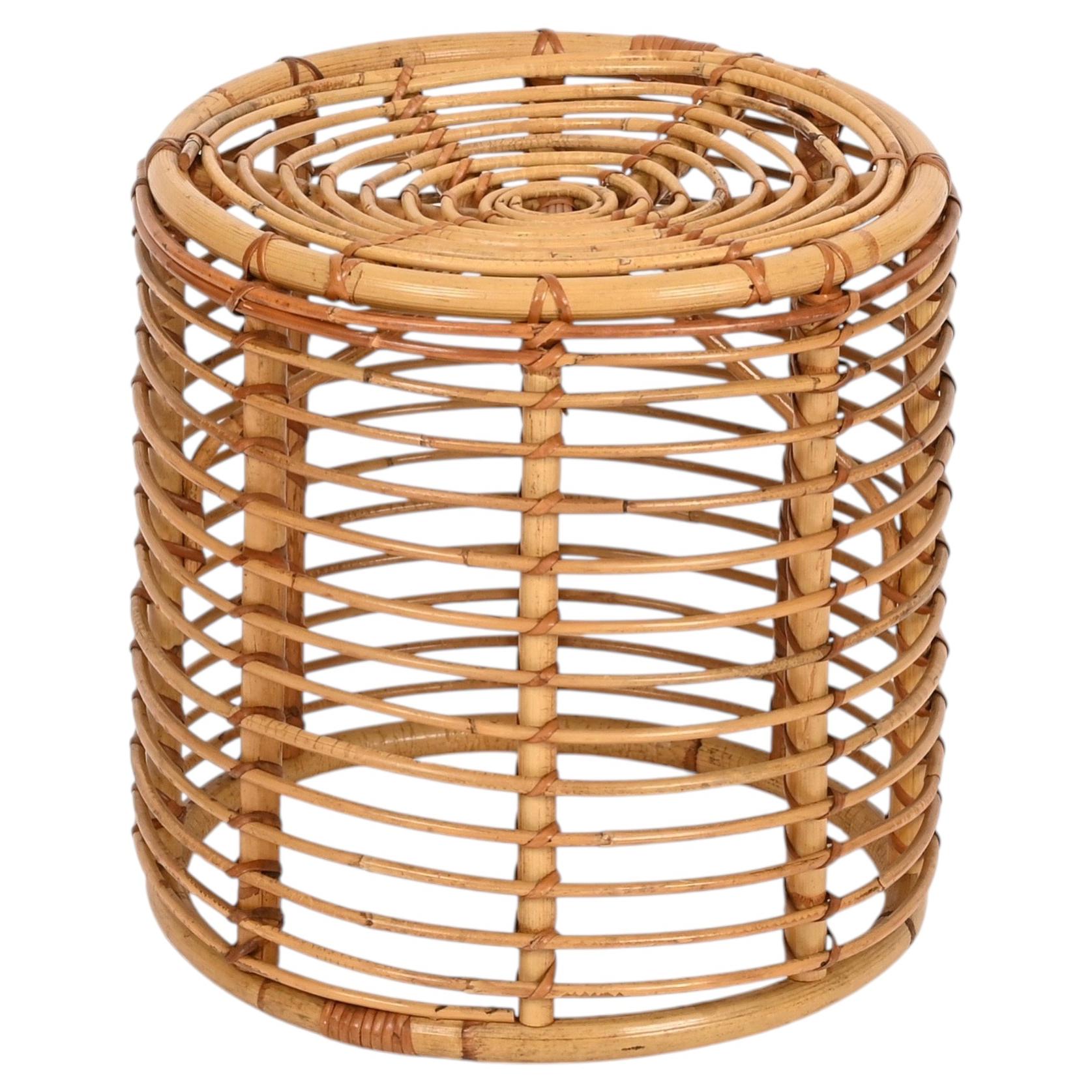 Tito Agnoli Mid-Century Rattan and Wicker Round Pouf Stool, Italy, 1960s