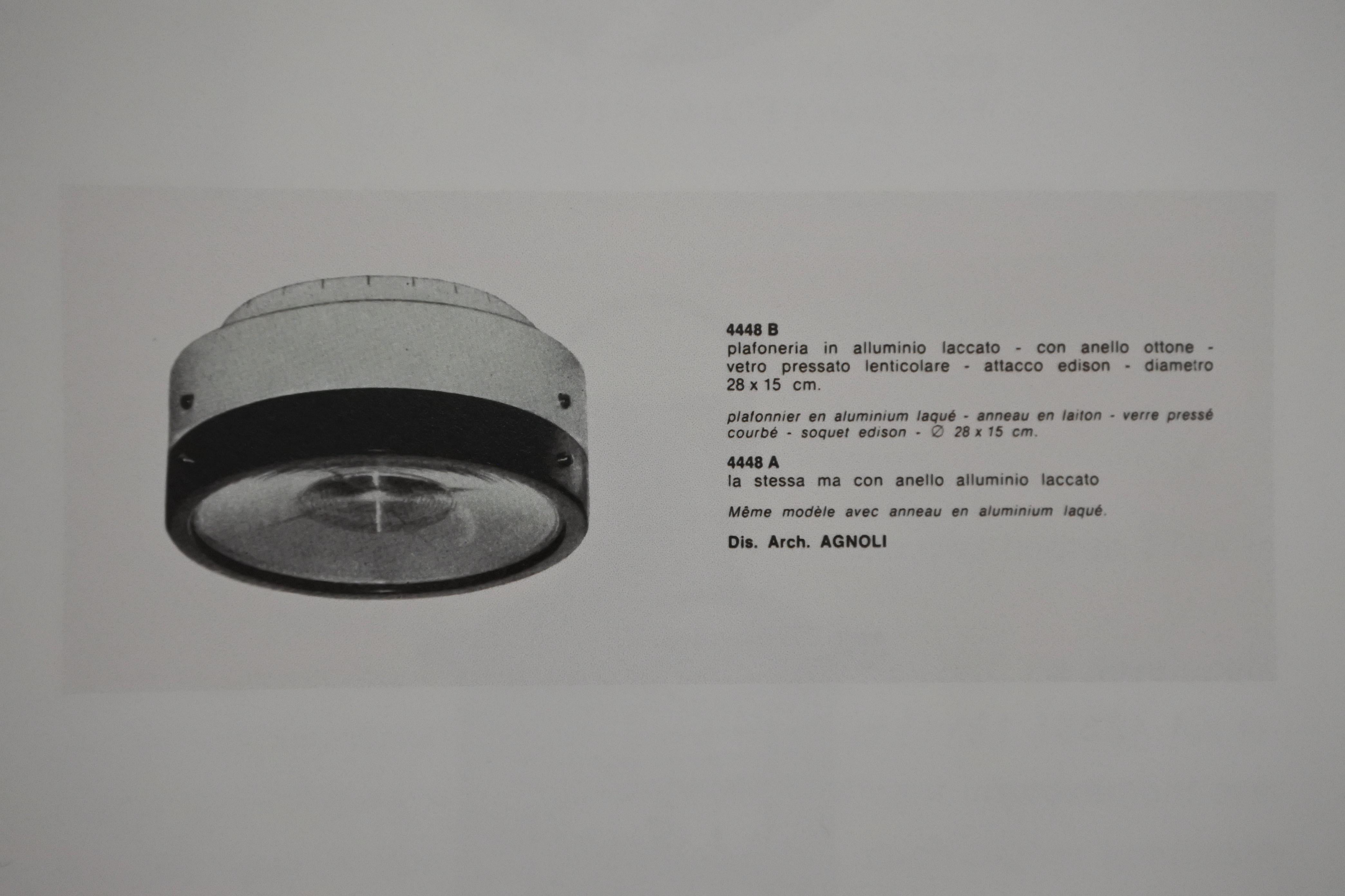 Tito Agnoli & Oluce Flush Mount Light, Aluminum, Brass & Glass Lens, Italy 1959 For Sale 6