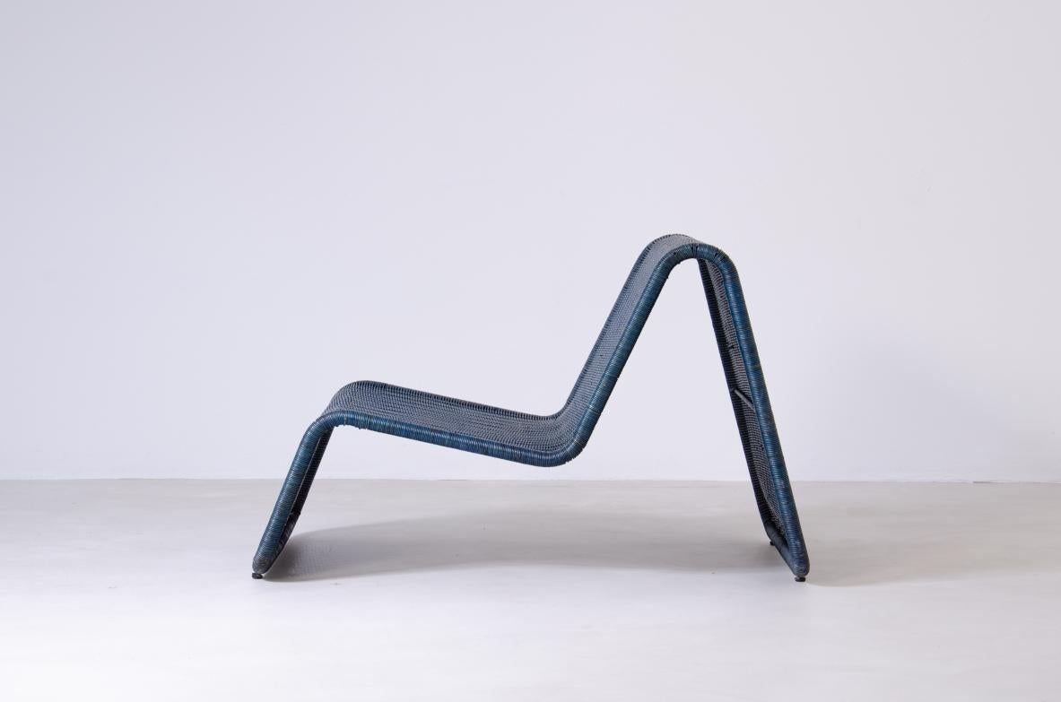 Mid-Century Modern Tito Agnoli P3  chaise longue en rotin bleu en vente