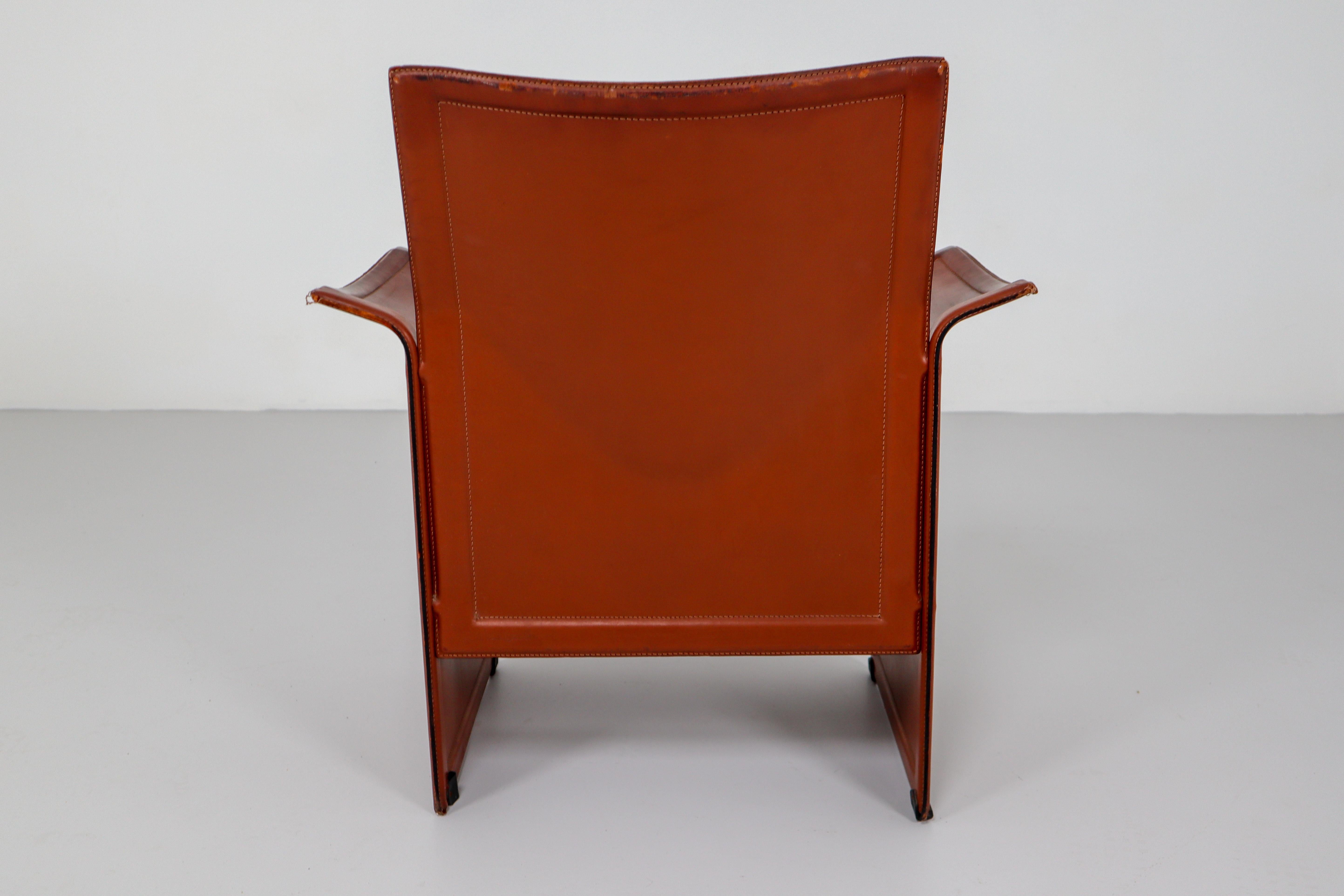 Italian Tito Agnoli Pair of 'Korium' Chairs in Patinated Cognac Leather, Italy, 1970s