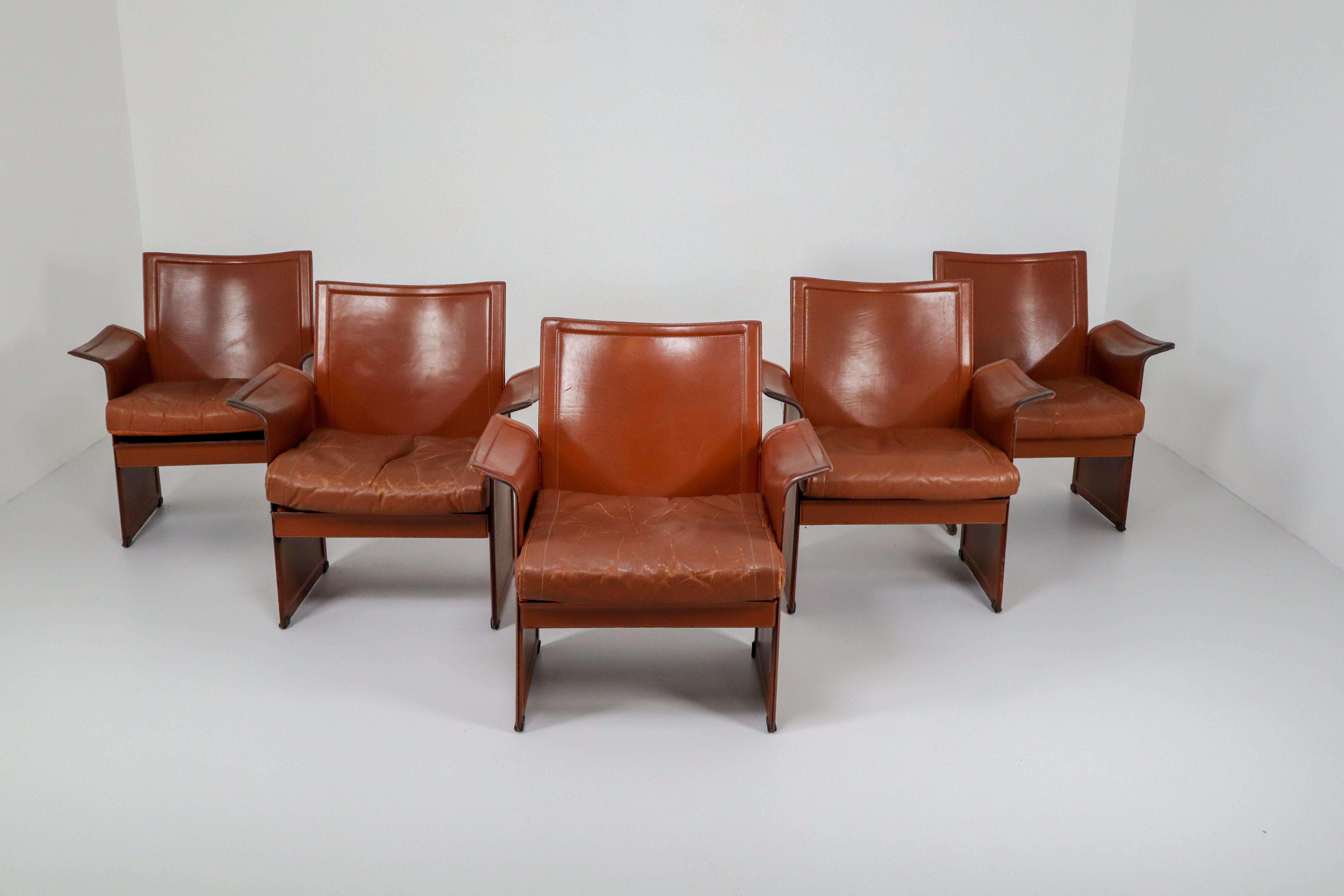 Tito Agnoli Pair of 'Korium' Chairs in Patinated Cognac Leather, Italy, 1970s In Good Condition In Almelo, NL