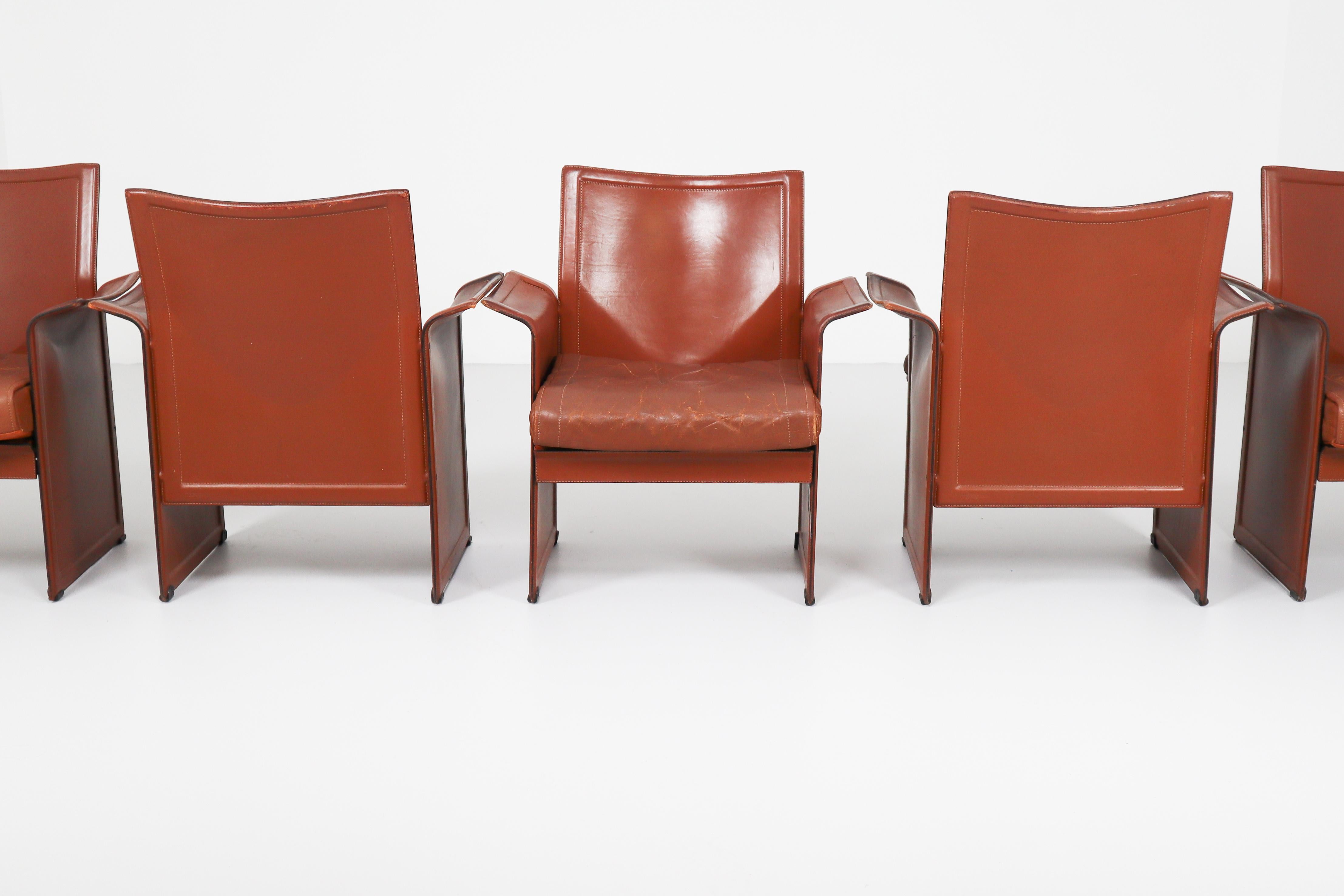 Tito Agnoli Pair of 'Korium' Chairs in Patinated Cognac Leather, Italy, 1970s 1