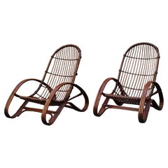 Tito Agnoli Pair of Rattan and Bamboo Lounge Chairs, Italy, 1960s