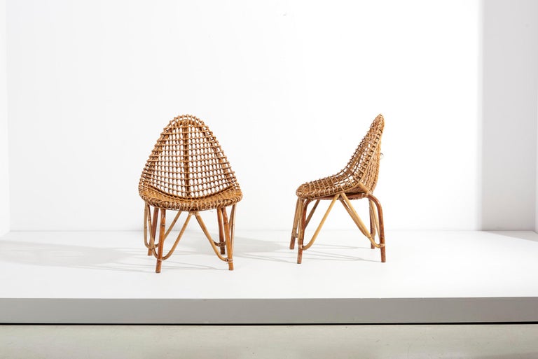 Mid-Century Modern Tito Agnoli Pair of Rattan Chairs for Bonacina, Italy, 1950s For Sale