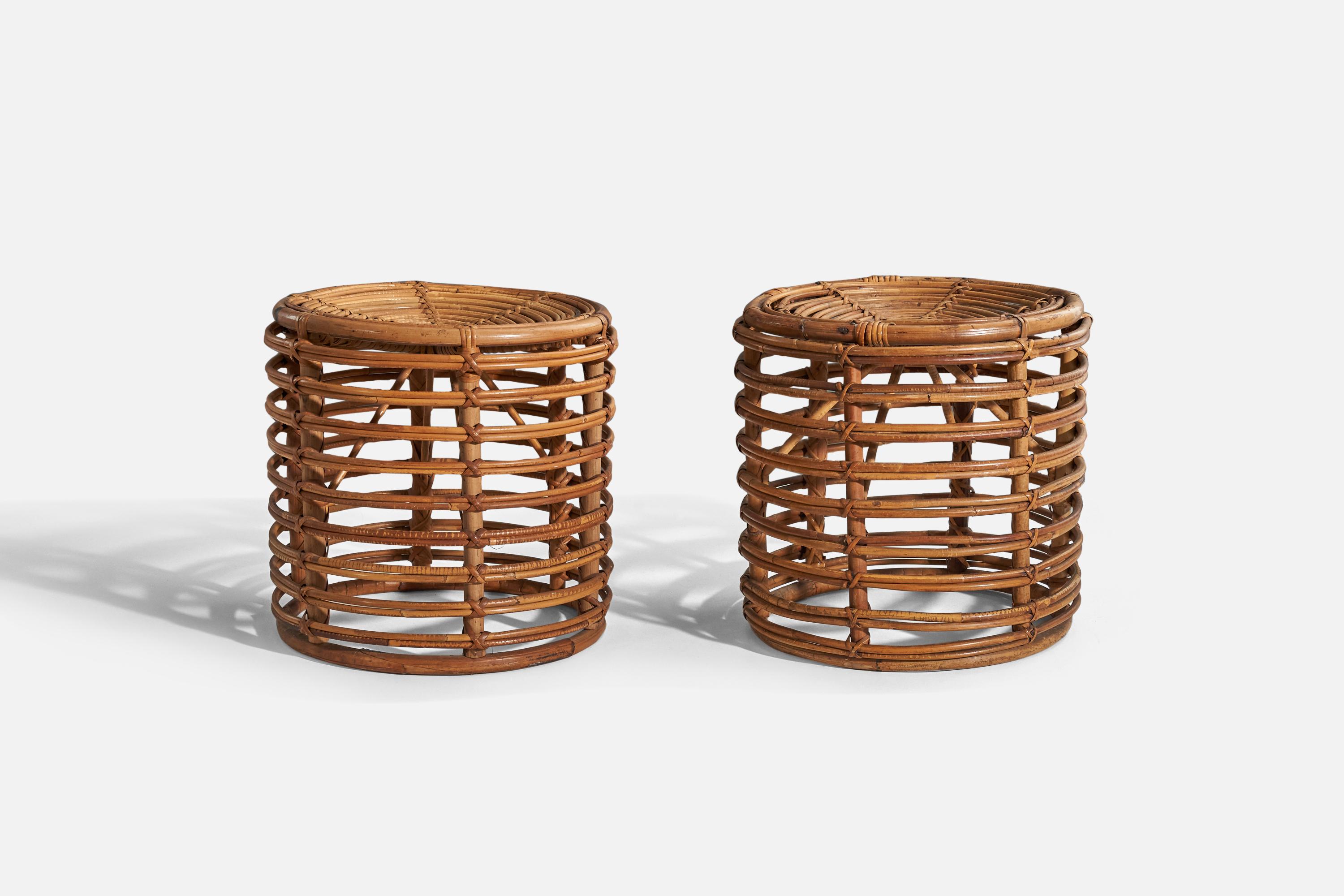 A pair of rattan or bamboo stools designed and produced by Tito Agnoli, Italy, 1960s.

