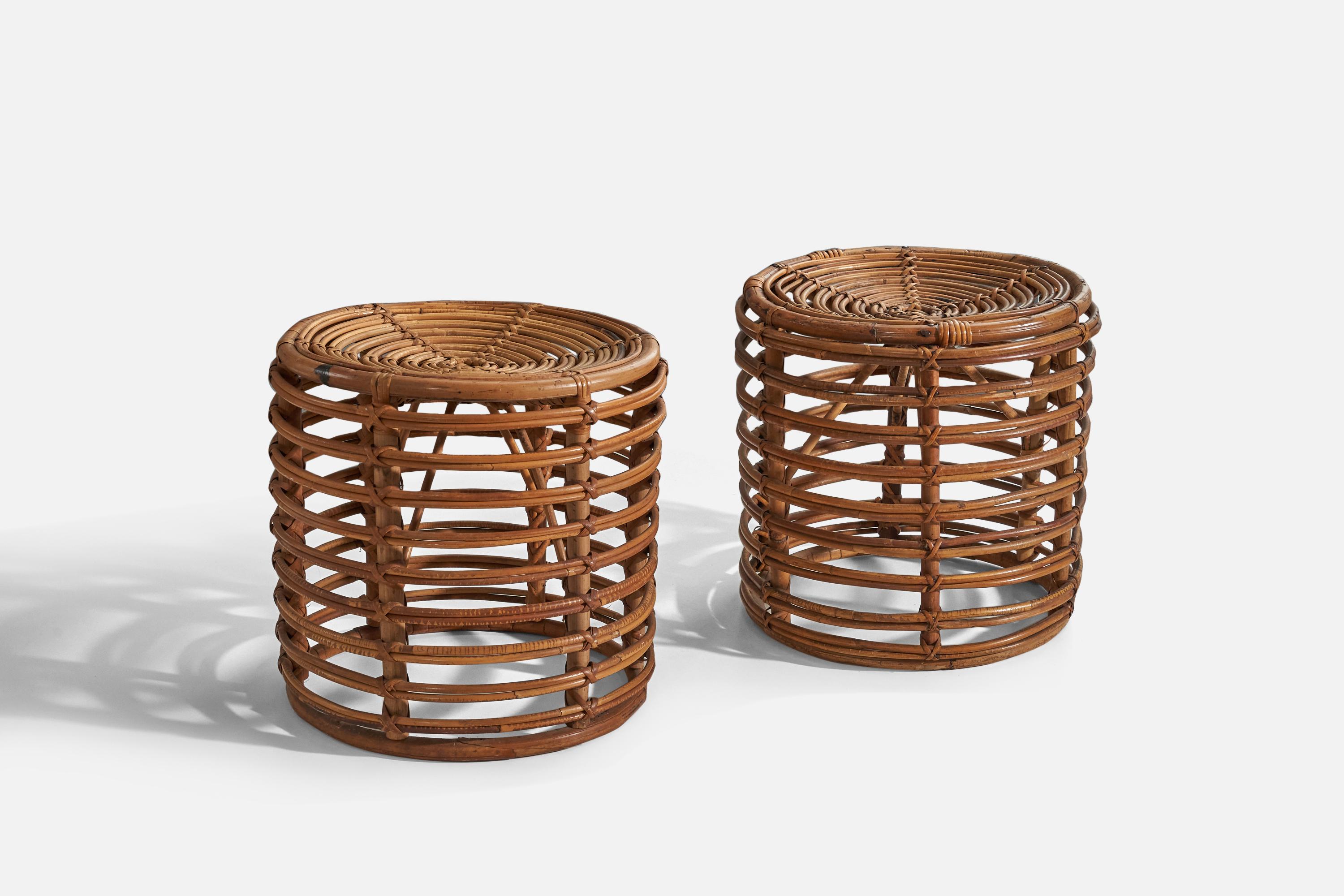 Mid-Century Modern Tito Agnoli, Pair of Stools, Rattan, Bamboo, Italy, 1960s