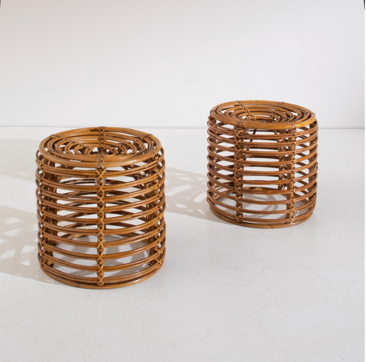 Mid-Century Modern Tito Agnoli, Pair of Stools, Rattan, Bamboo, Italy, 1960s