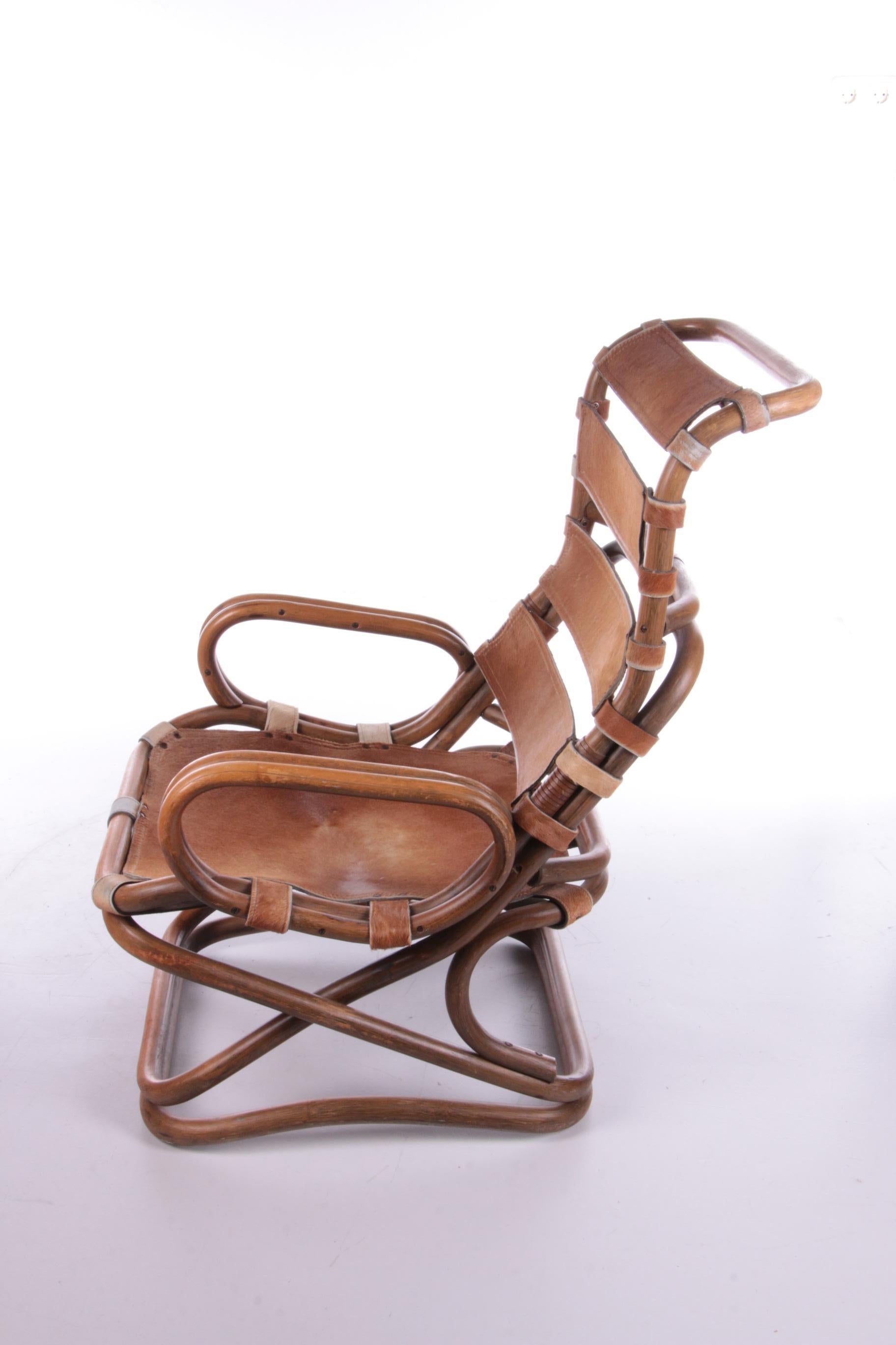 Chaise de relax Tito Agnoli en bambou et cuir, 1960 Bon état - En vente à Oostrum-Venray, NL
