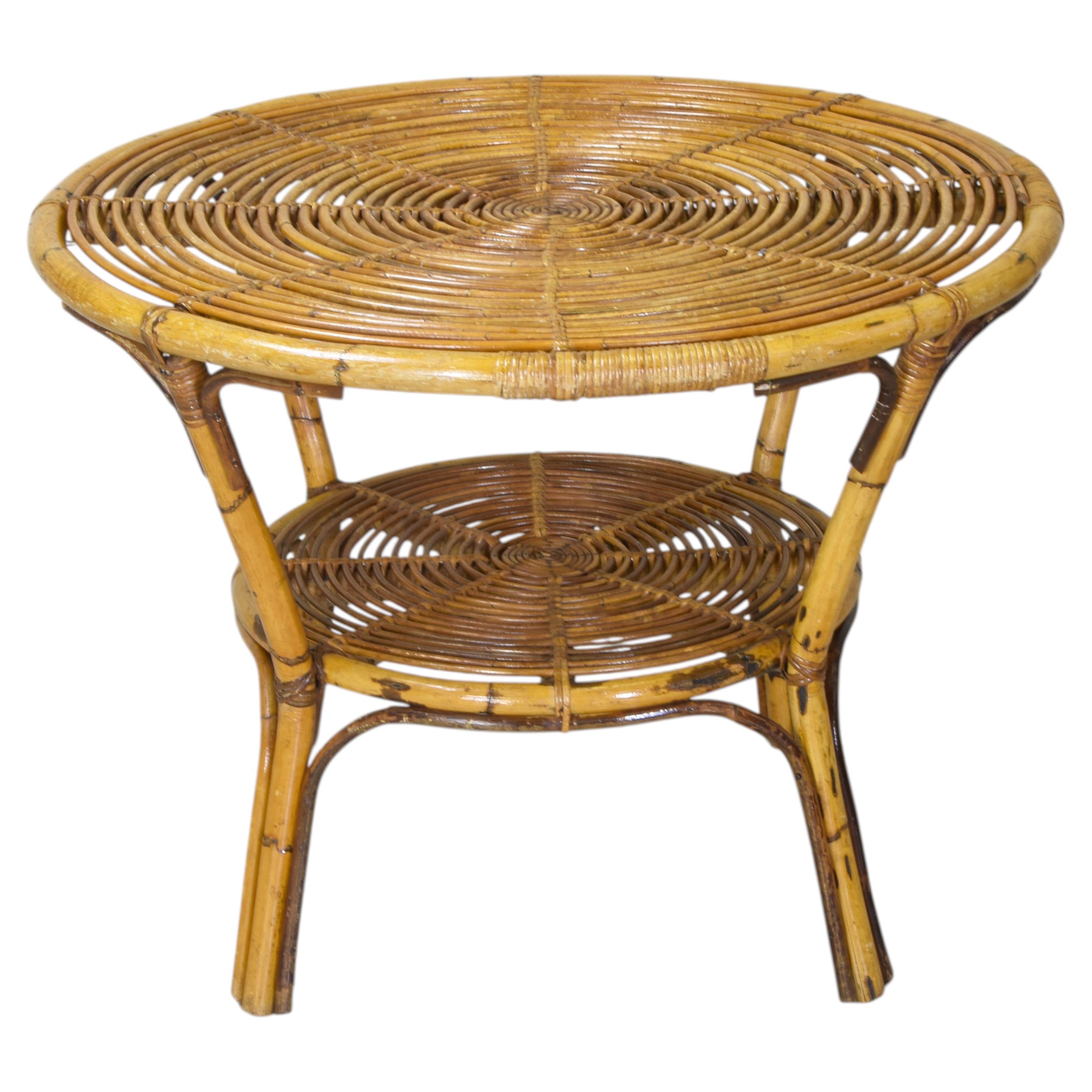 Tito Agnoli - Round Two-Tier Coffee Table in Bamboo and Rattan Italy, 1960s
