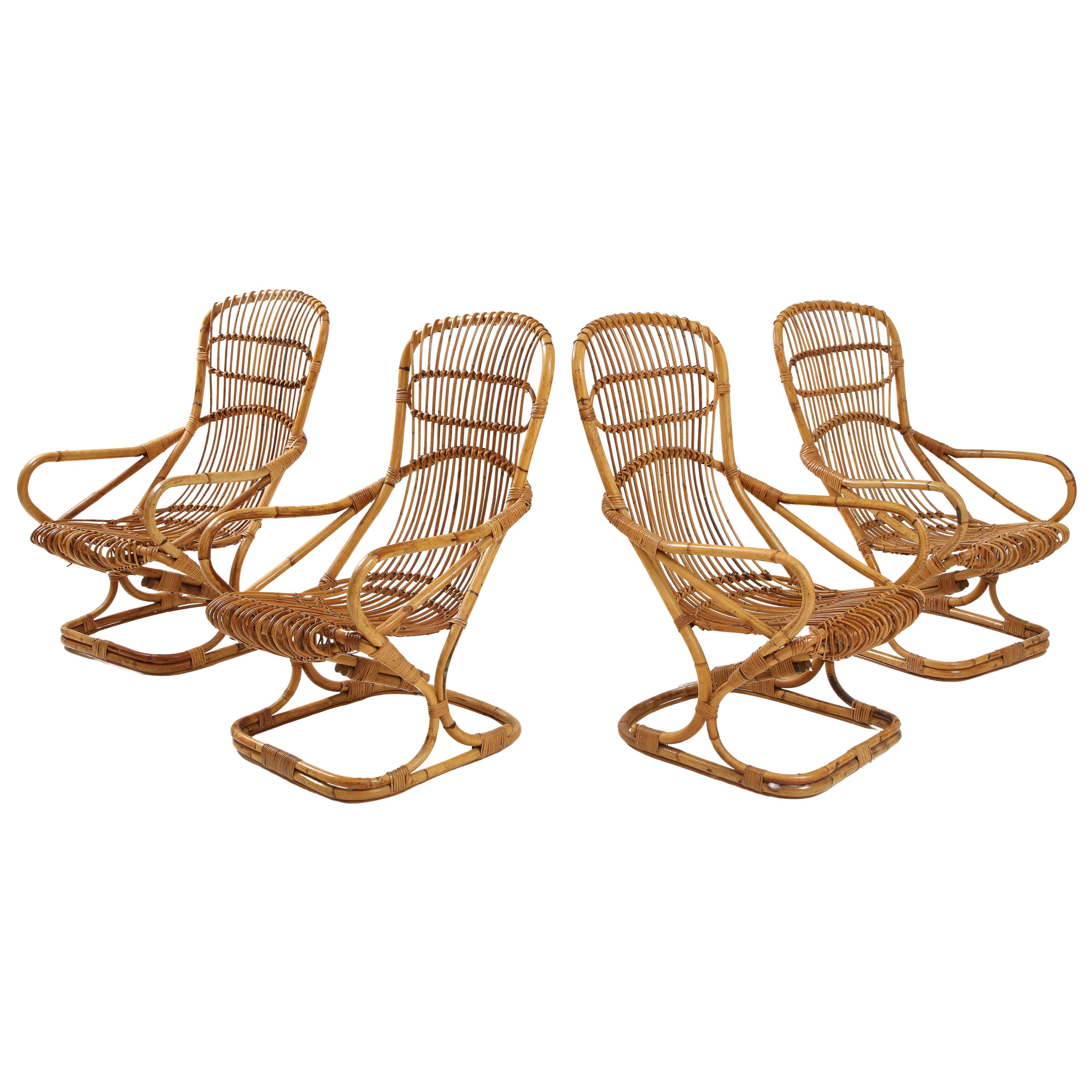 Tito Agnoli Set of Four Bamboo Armchairs and Table, Bonacina, Italy 1960