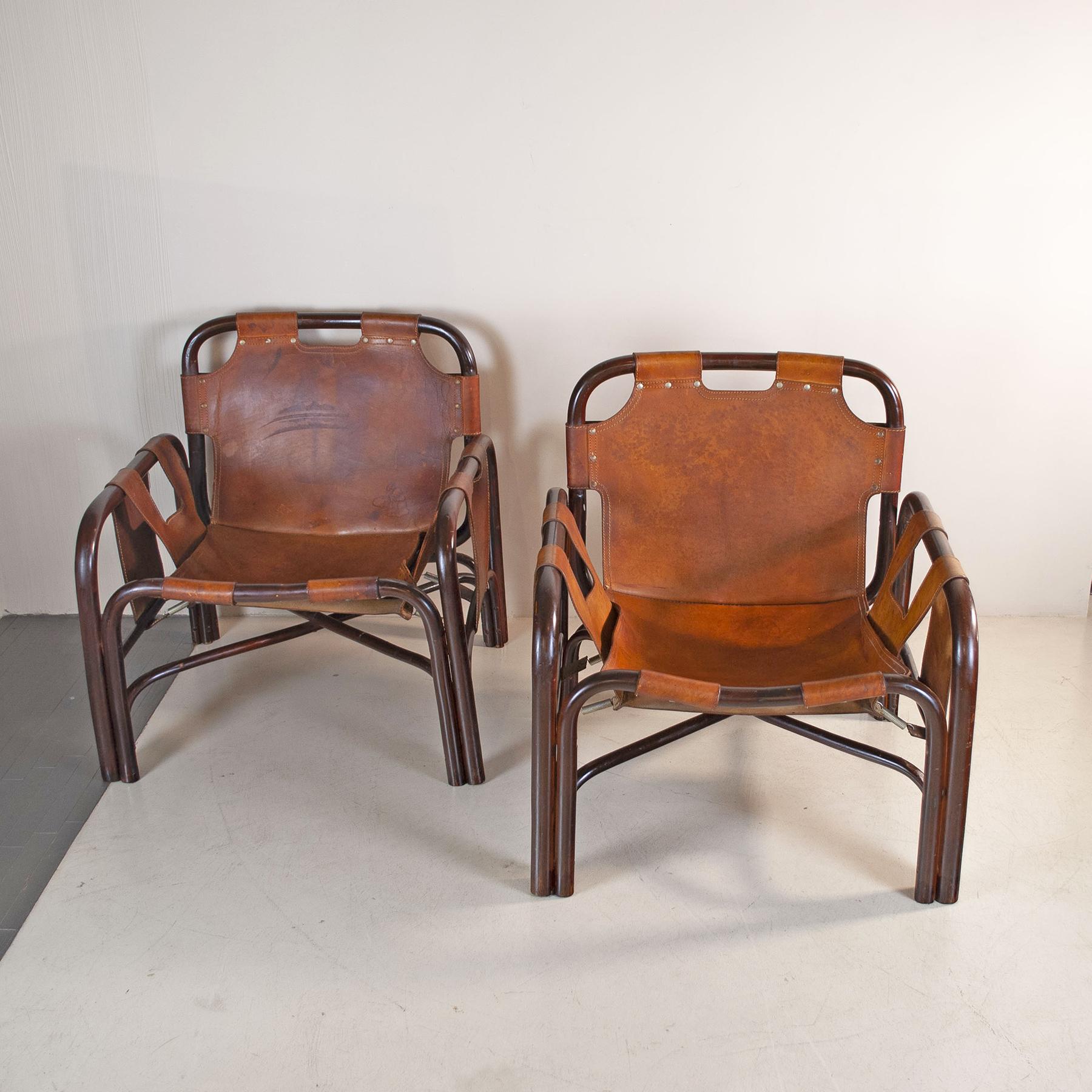 Italian Tito Agnoli set of two bamboo cane armchairs 1960s For Sale