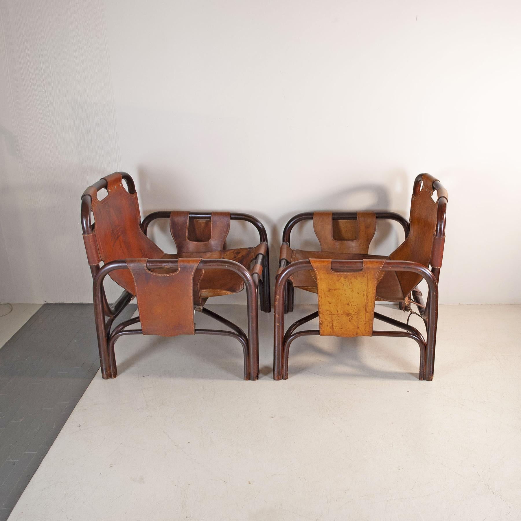 Animal Skin Tito Agnoli set of two bamboo cane armchairs 1960s For Sale