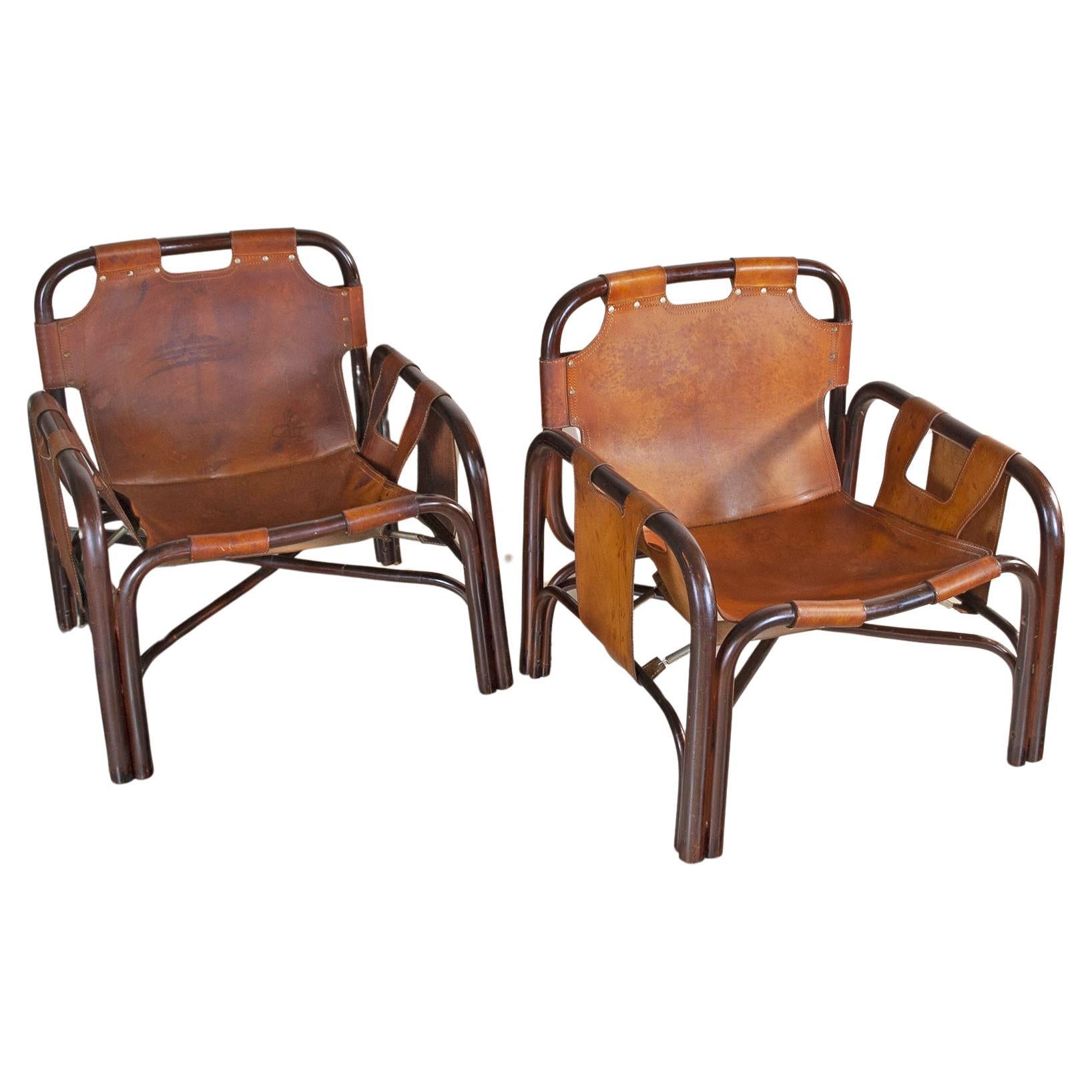 Tito Agnoli set of two bamboo cane armchairs 1960s For Sale