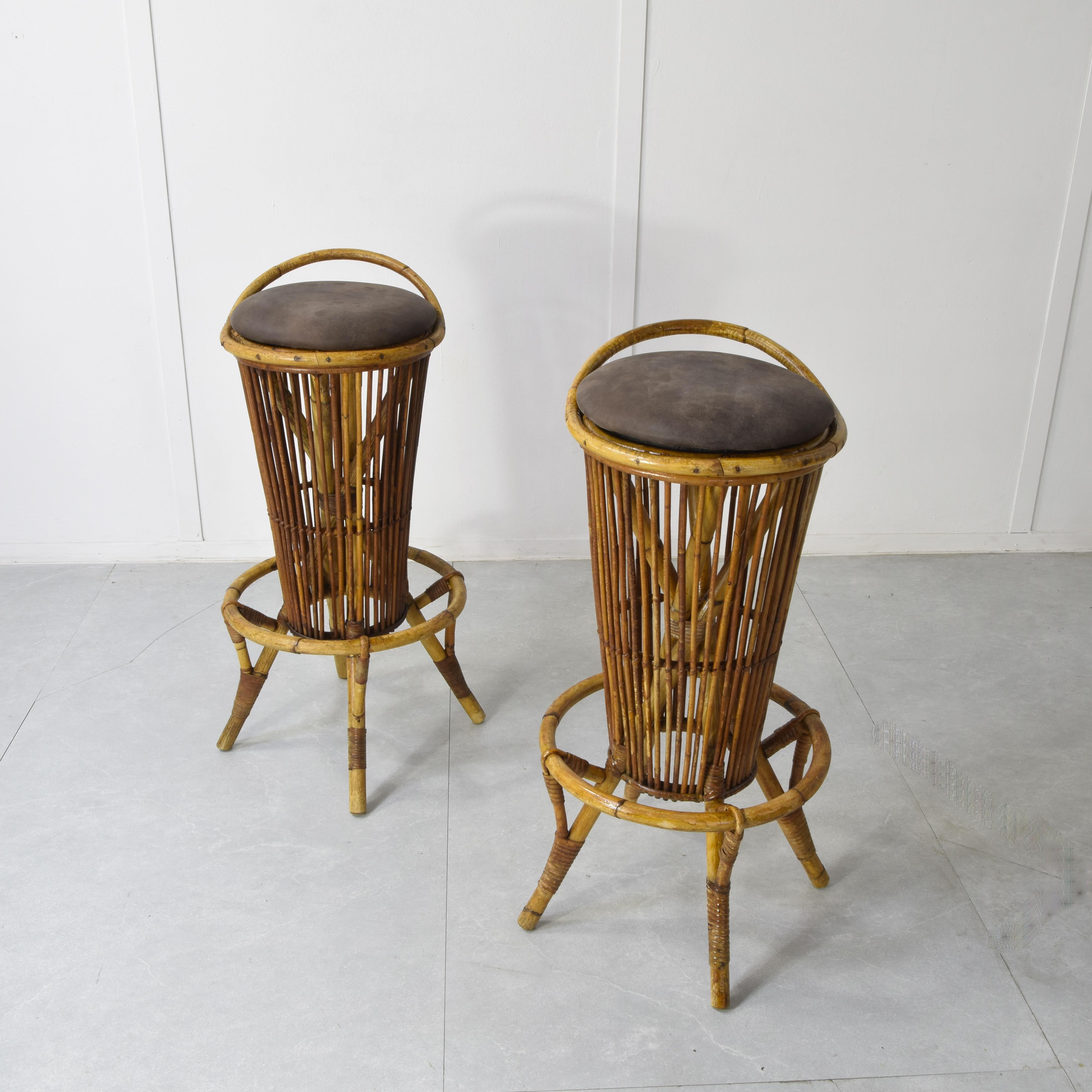 Tito Agnoli set de dos taburetes de bambú 1960s Mid-20th Century en venta