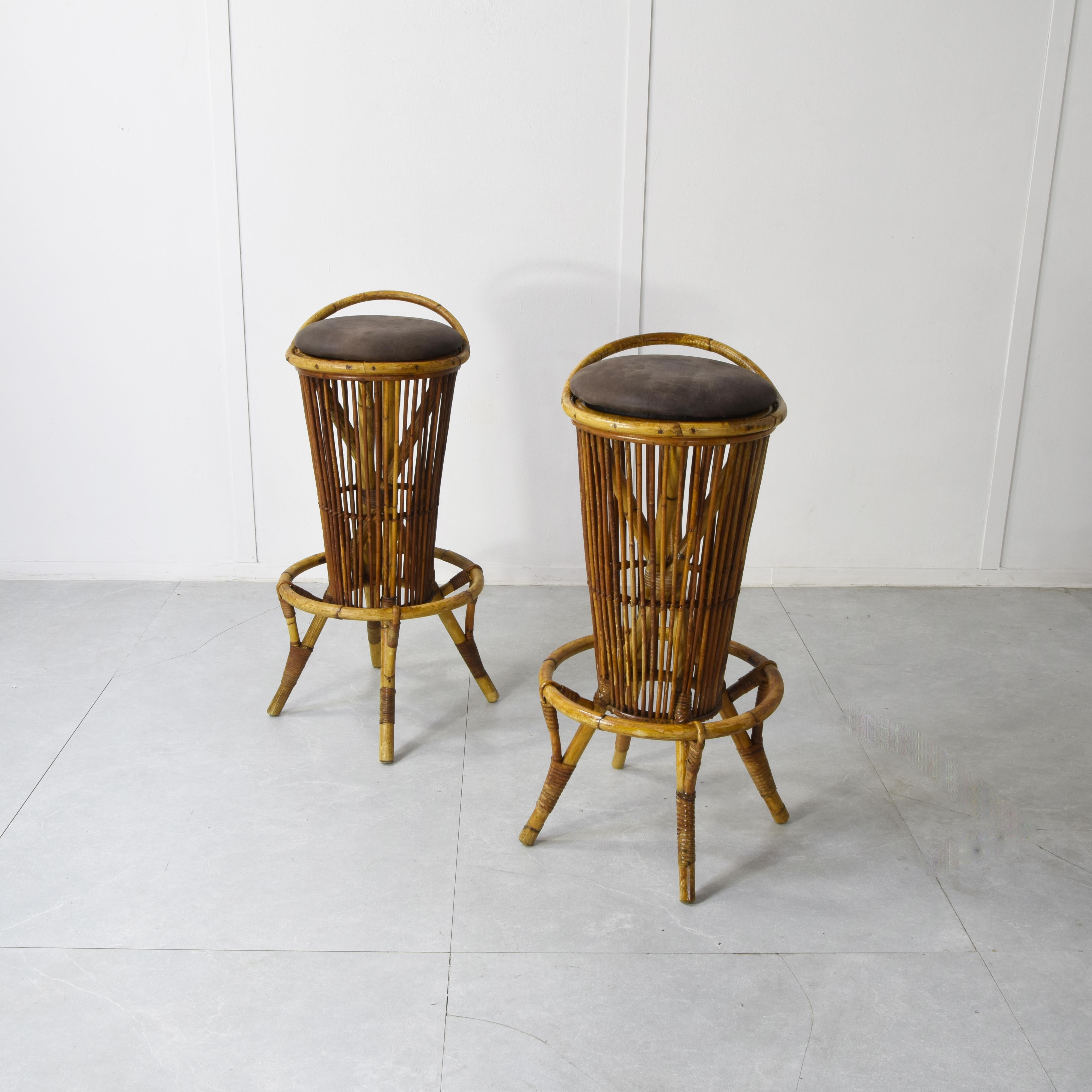 Tito Agnoli set de dos taburetes de bambú 1960s Terciopelo en venta