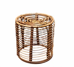 Tabouret ou table d'appoint cylindrique en rotin de Tito Agnoli, Italie, années 1960