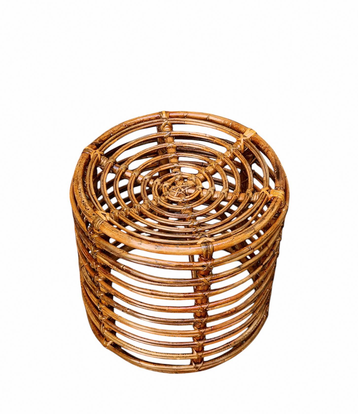 Mid-Century Modern Tito Agnoli Cylindrical Rattan Stool or Small Table, Italy 1960s For Sale