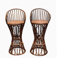 Tito Agnoli Style Pair of Woven Rattan Stools, Italy 1960s