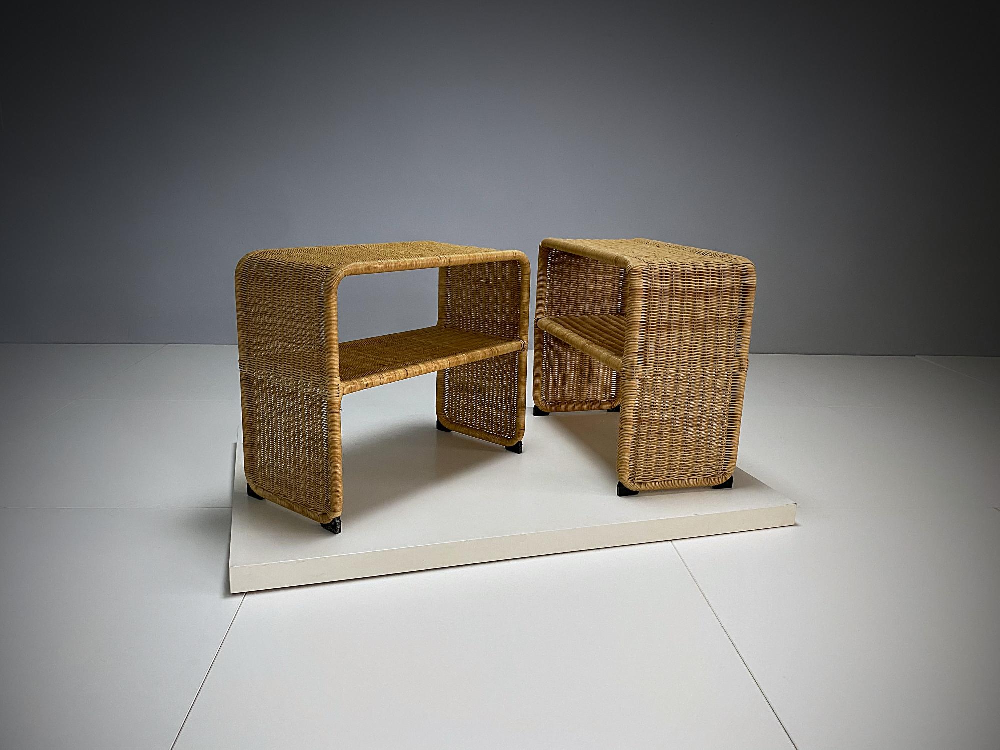 Scandinavian Modern Tito Agnoli Style Rattan Nightstands, Coffee and Side Tables, 1970s, Sweden