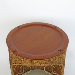 Carrello da bar circolare in vimini e teak di Tito Agnoli per Bonacina, Italia anni '60