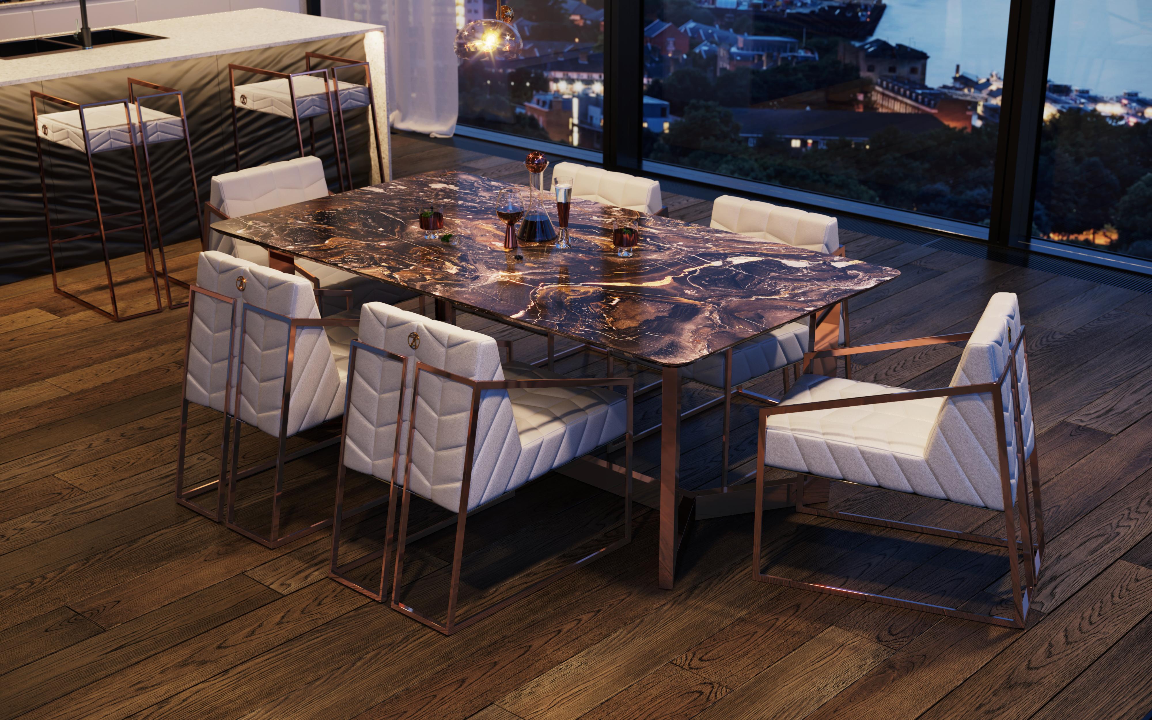 TITO quartzite dining table & 8 leather ELL chairs by Mansi London

TITO Set consists of a dining table and 8 ELL chairs in two configuration options. 
Dining table with a quartzite, signed with a 24KT gold plated logo. 
Thanks to its modern