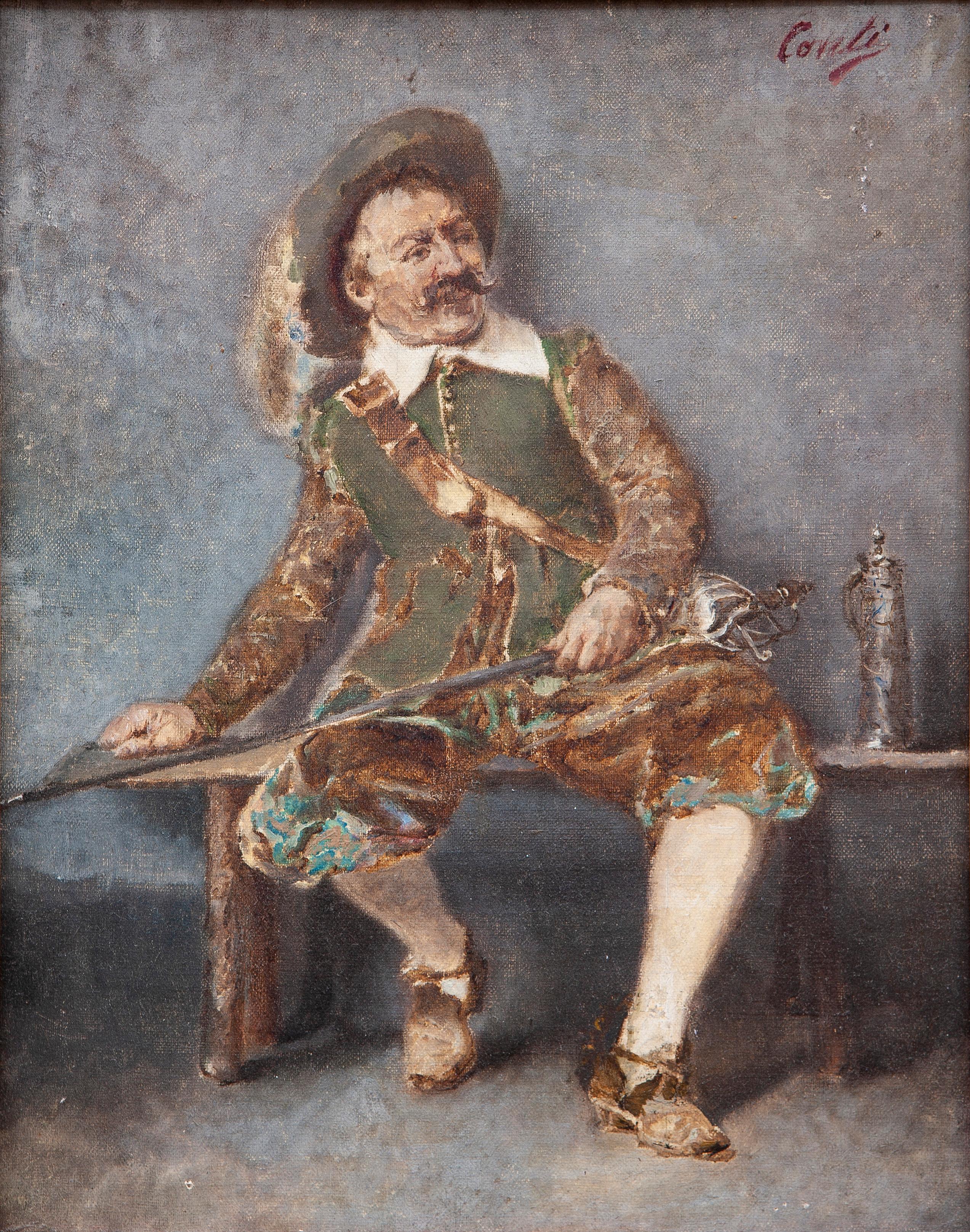 Portrait of a Musketeer - Painting by Tito Conti (Firenze, 1842 – 1924) 