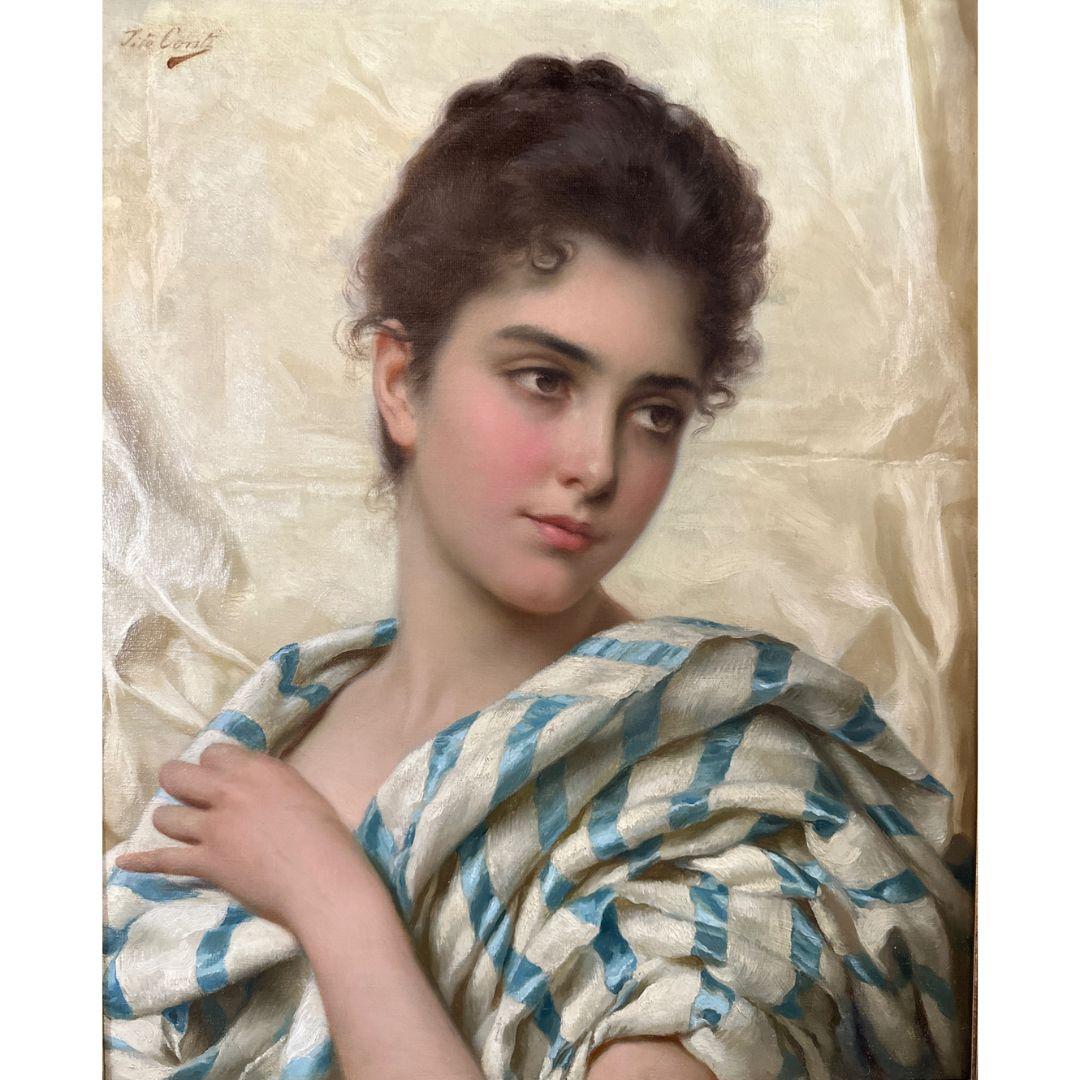 Italienische Schönheit des 19. Jahrhunderts, Antikes Porträt, Ölgemälde auf Leinwand – Painting von Tito Conti (Firenze, 1842 – 1924) 