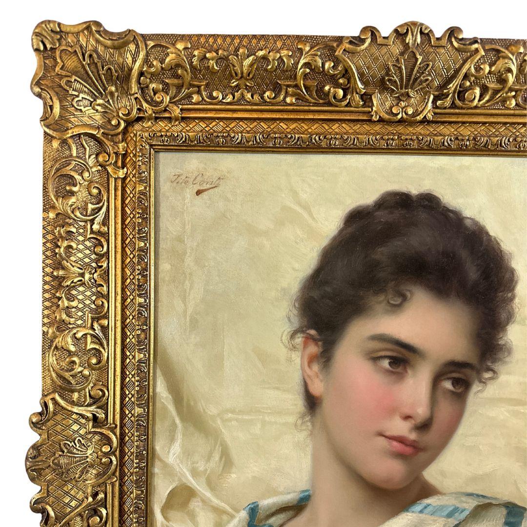 Italienische Schönheit des 19. Jahrhunderts, Antikes Porträt, Ölgemälde auf Leinwand (Realismus), Painting, von Tito Conti (Firenze, 1842 – 1924) 