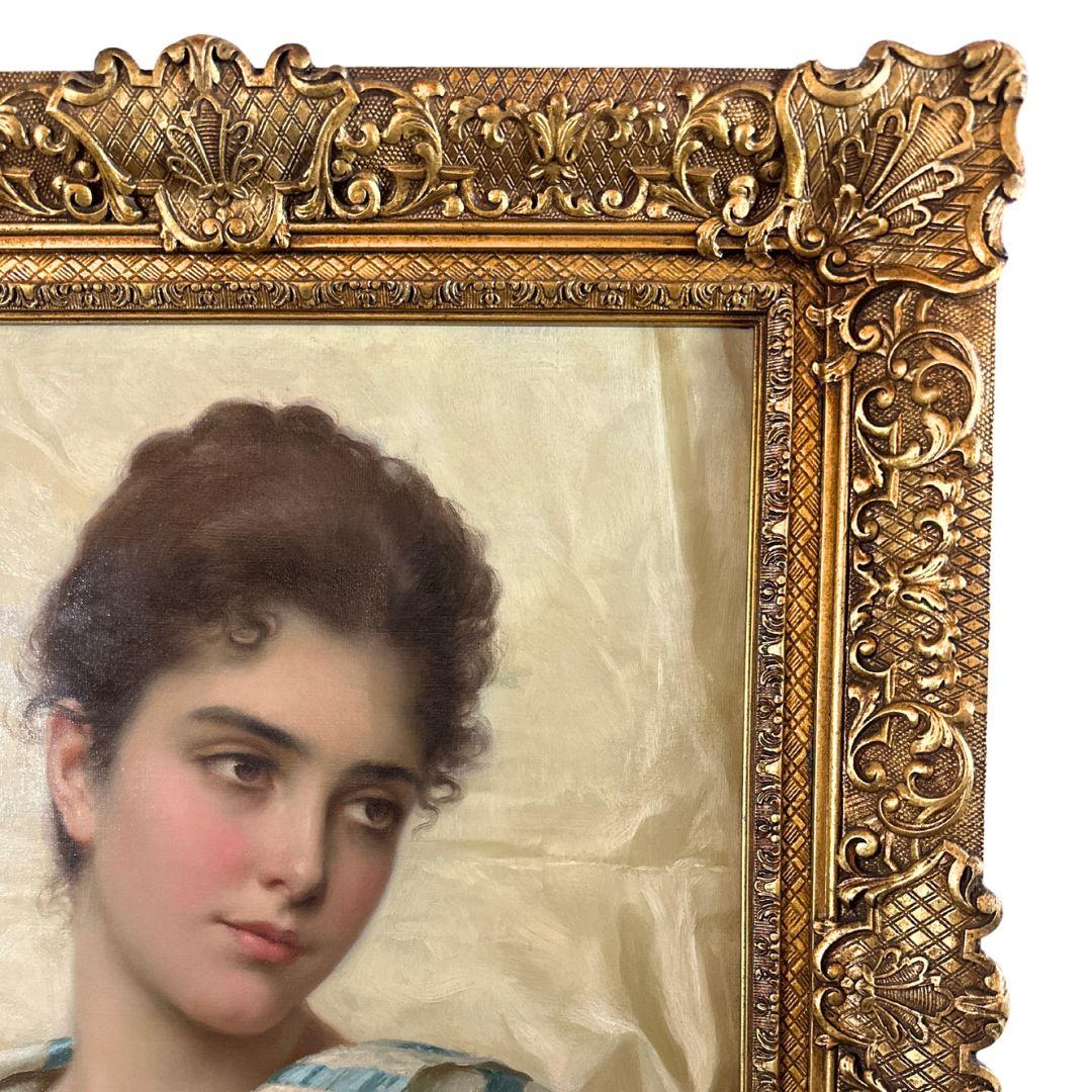 Das Gemälde ist oben links signiert.
Beschreibung:
Tito Conti (1842-1924) war ein geschätzter italienischer Maler, der für seine außergewöhnliche Porträtkunst und seine Fähigkeit bekannt war, die Schönheit und Tiefe seiner Motive einzufangen. Der in