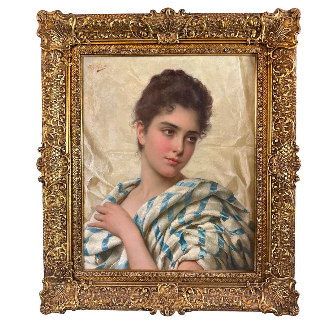 Tito Conti (Firenze, 1842 – 1924)  Portrait Painting - Italian Beauty 19th century Realism Antique Portrait Oil Painting on Canvas