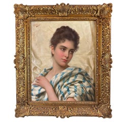 Italian Beauty 19th century Realism Antique Portrait Oil Painting on Canvas