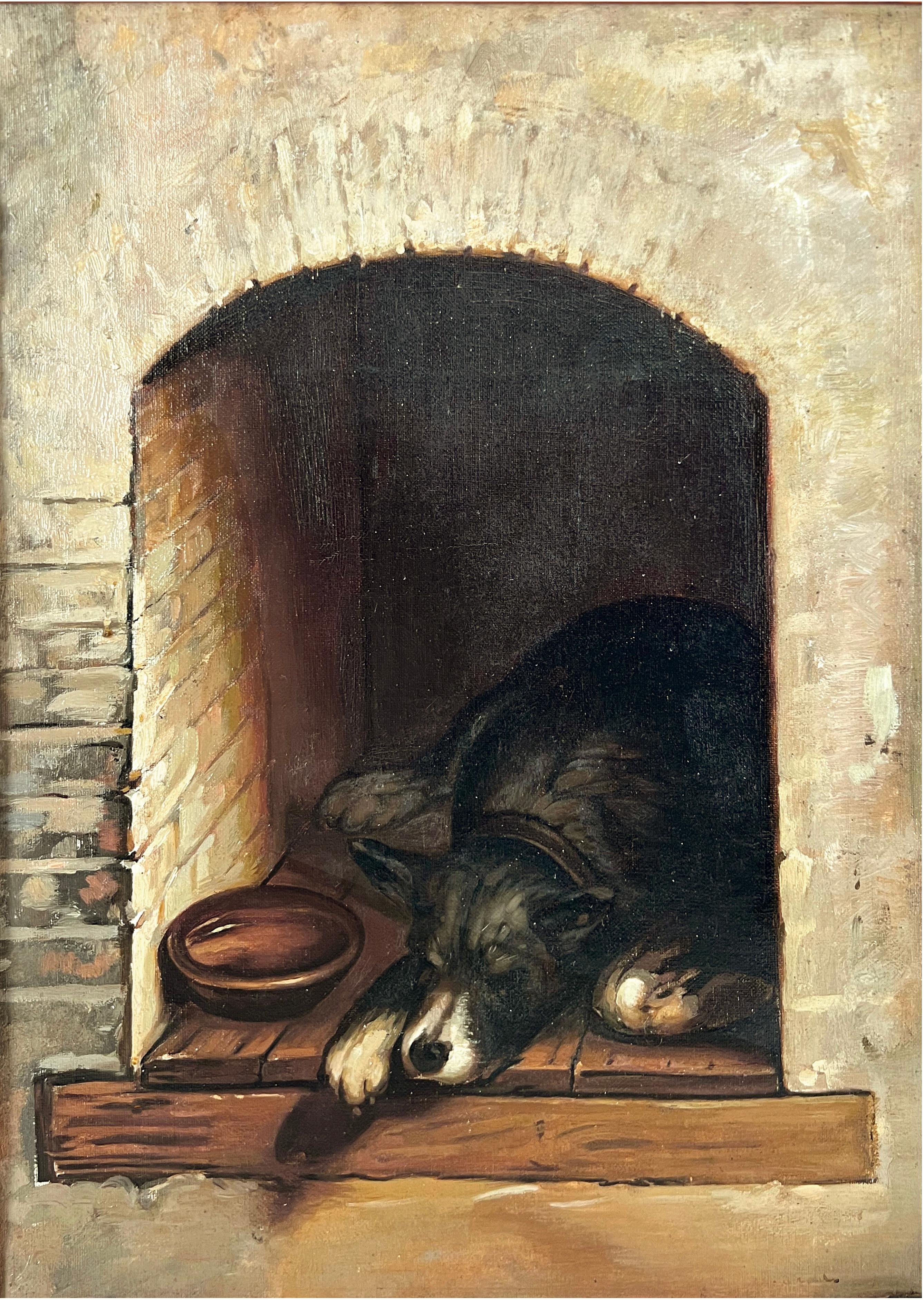 Sleeping Spaniel in the Hearth, Italienisches figurales Gemälde, Öl auf Leinen – Painting von Tito Corbella