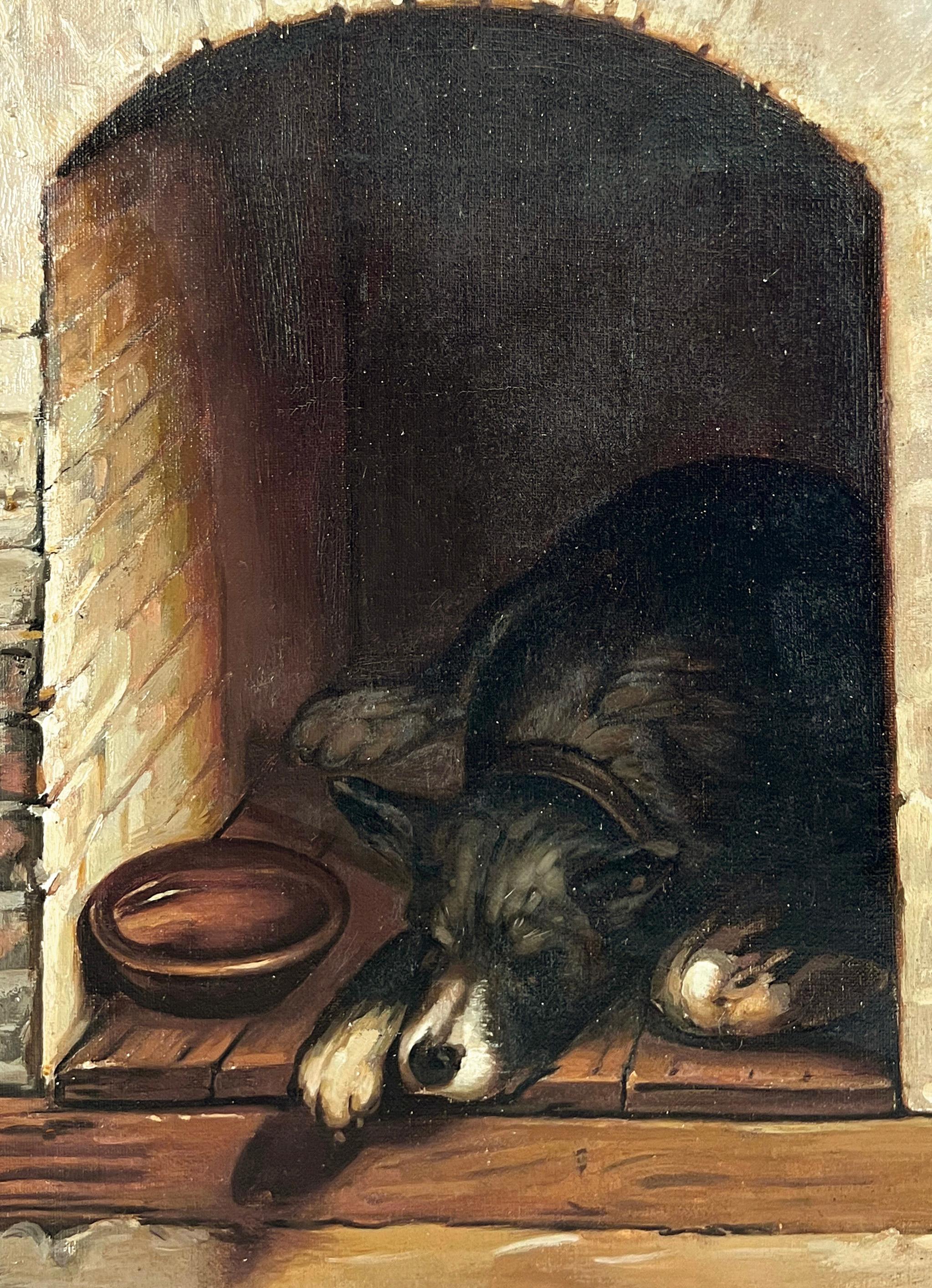 Sleeping Spaniel in the Hearth, Italienisches figurales Gemälde, Öl auf Leinen (Impressionismus), Painting, von Tito Corbella