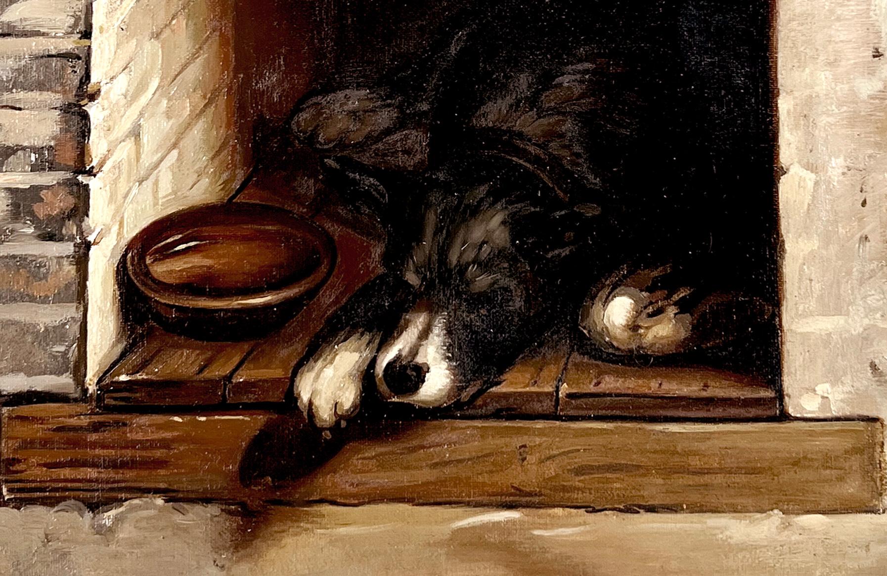 Sleeping Spaniel in the Hearth Italian Figural Dog Painting oil on Linen
Exceptional painting of a sleeping Spaniel in a Hearth by Italian artist Tito Corbella (Italy, 1885-1966), well executed with flourishes of impasto for detail.  (we show an