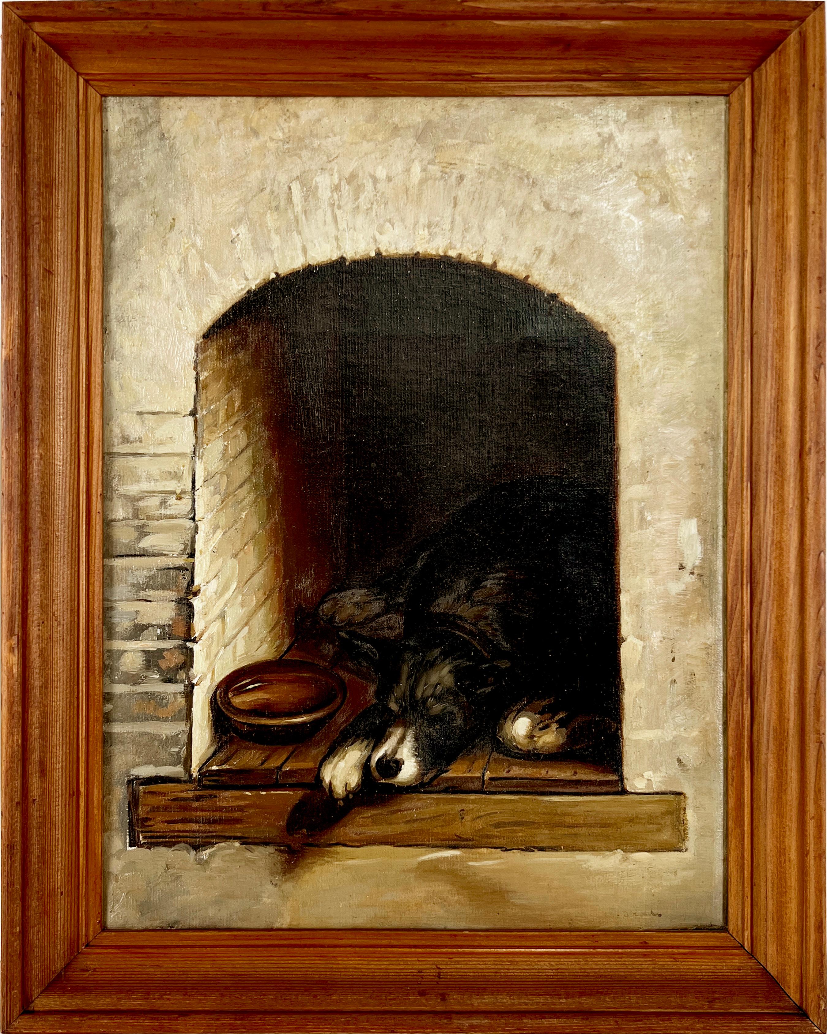 Sleeping Spaniel in the Hearth Italian Figural Dog Painting oil on Linen