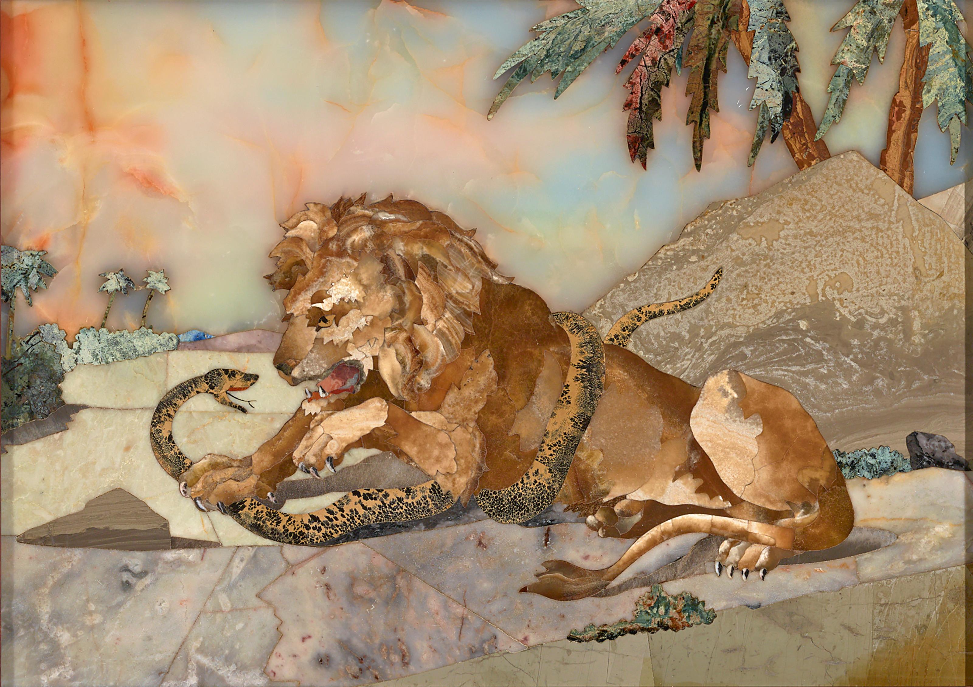 This extraordinary Florentine work of art has the appearance of a painted scene, but upon closer inspection is revealed to be a superb example of the art of pietre dure. Composed by Tito Francolini, the piece depicts a scene of a lion attacking a