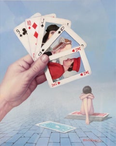 Senza titolo, dipinto surrealista a olio su tavola di Tito Salomoni