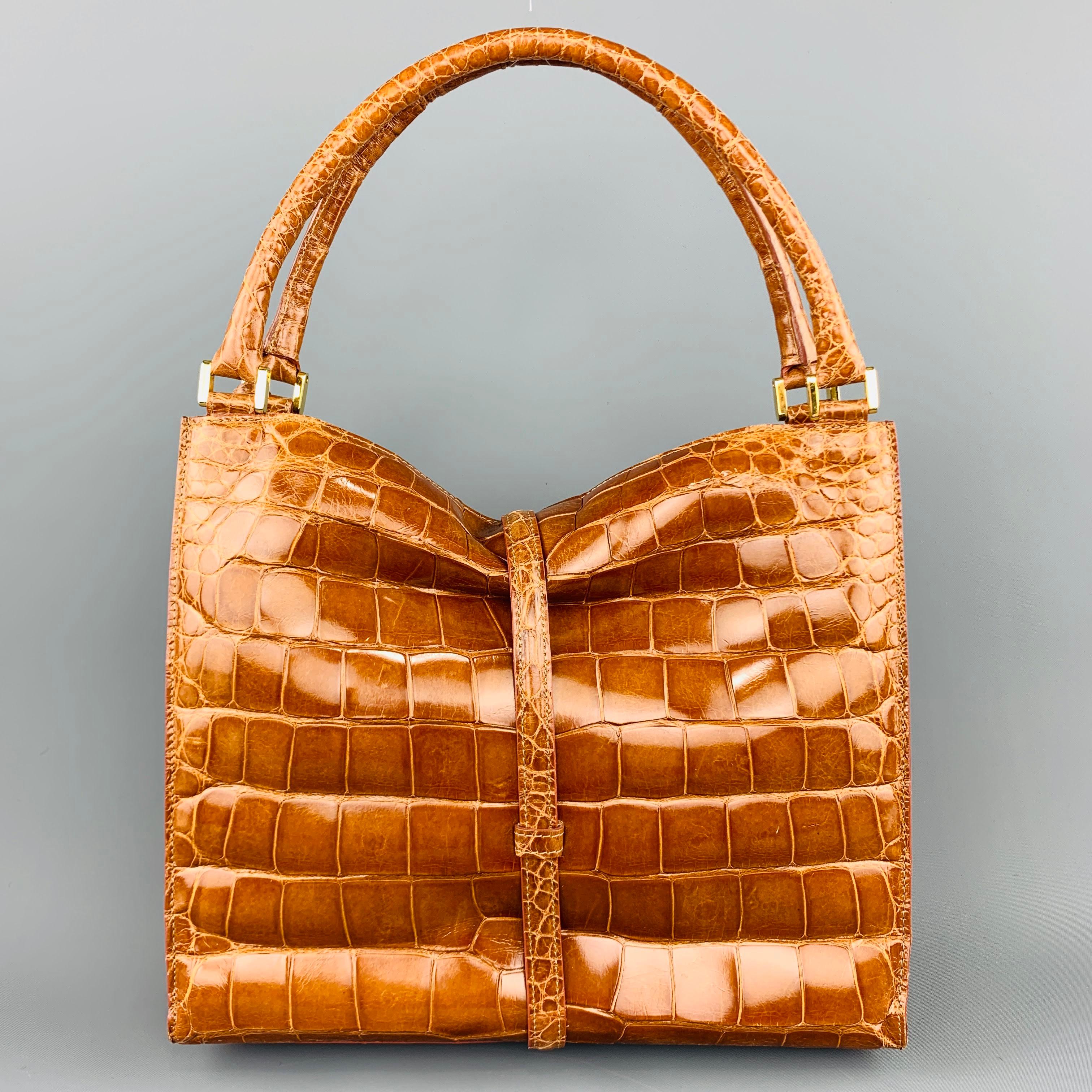 Brown TITTI DELL'ACQUA MILANO Cognac Tan Alligator Leather Tote Handbag