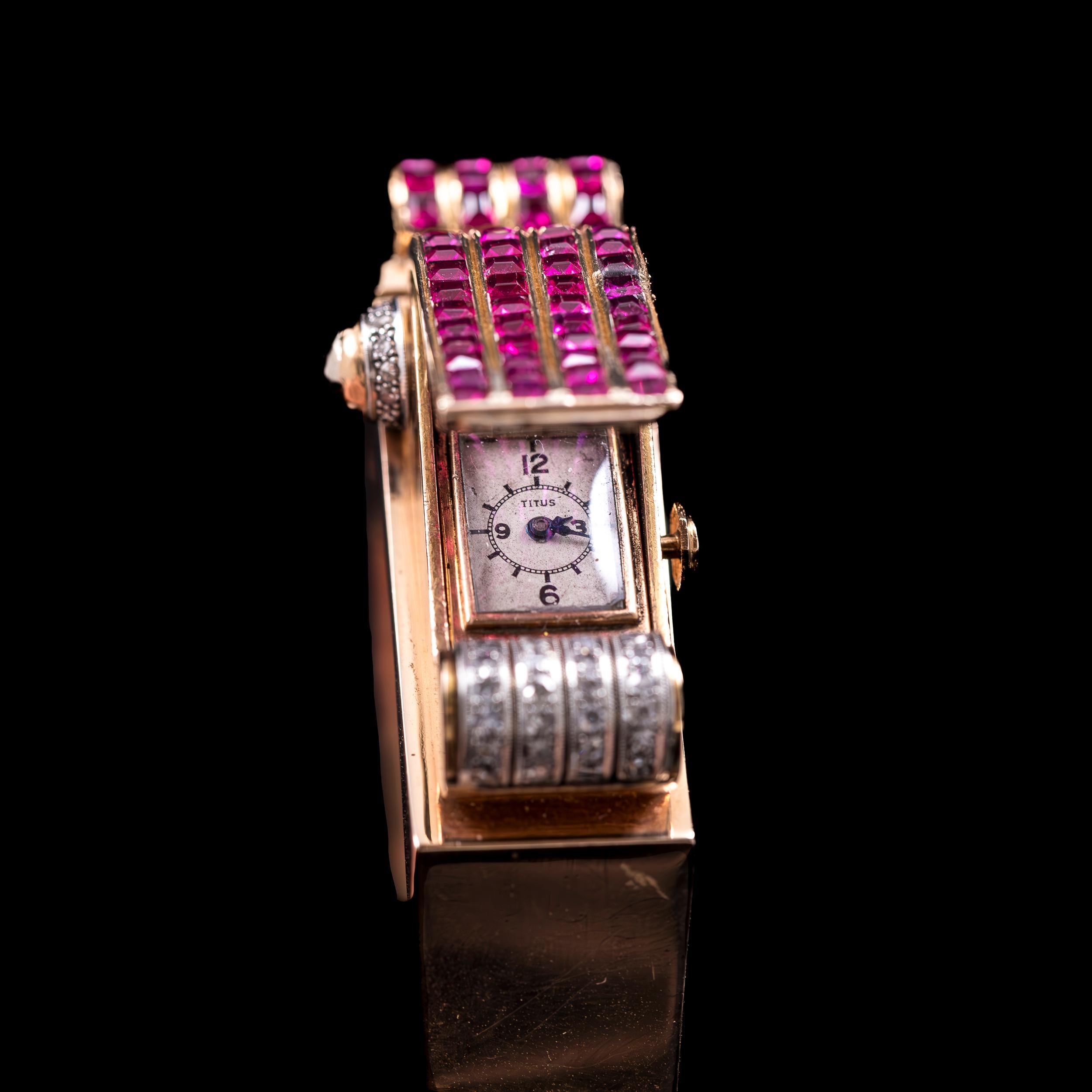 Titus Art Deco Odeonesque Concealed Cocktail Bracelet Watch Diamonds Gold 1940s For Sale 7
