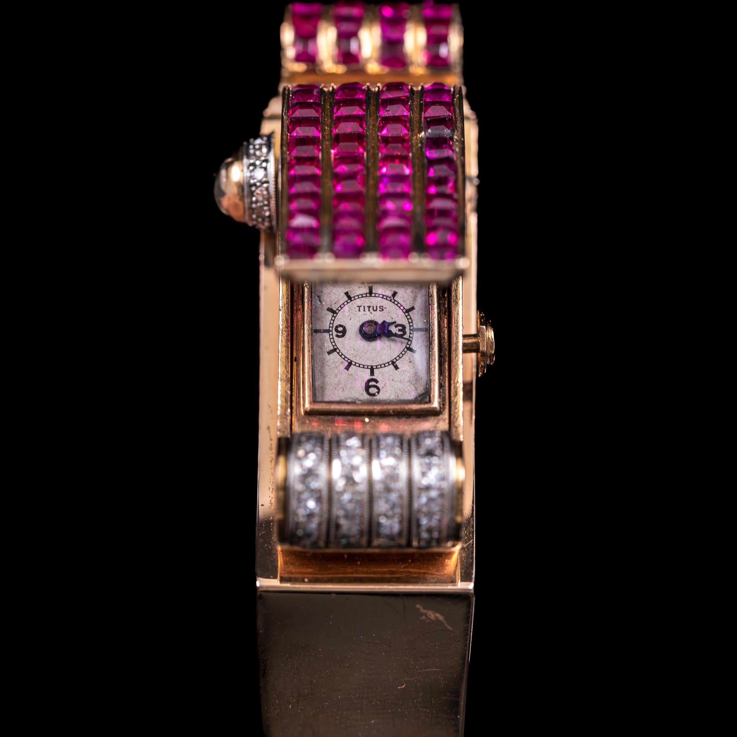 Titus Art Deco Odeonesque Concealed Cocktail Bracelet Watch Diamonds Gold 1940s For Sale 8