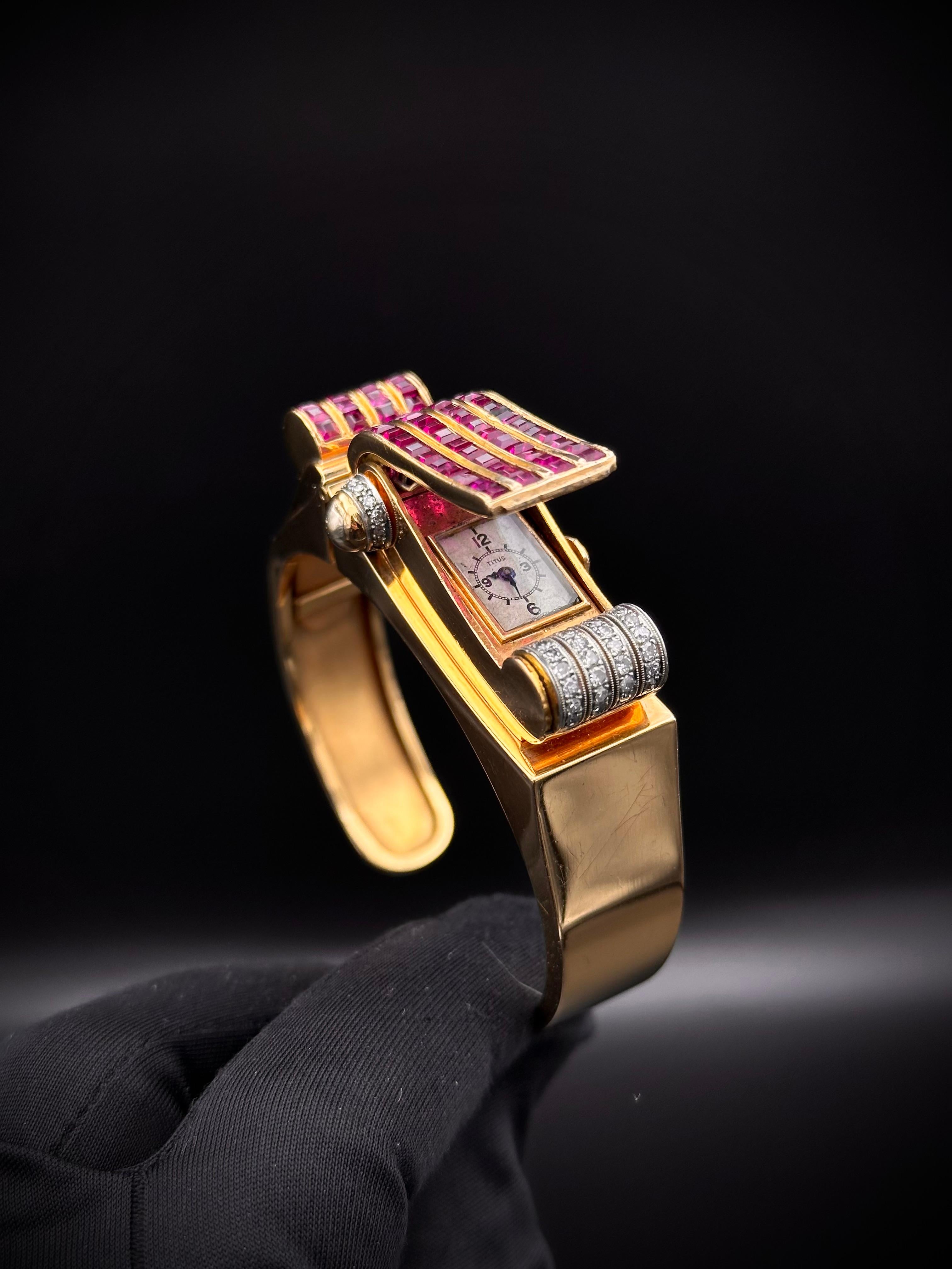 Titus Art Deco Odeonesque Concealed Cocktail Bracelet Watch Diamonds Gold 1940s For Sale 10