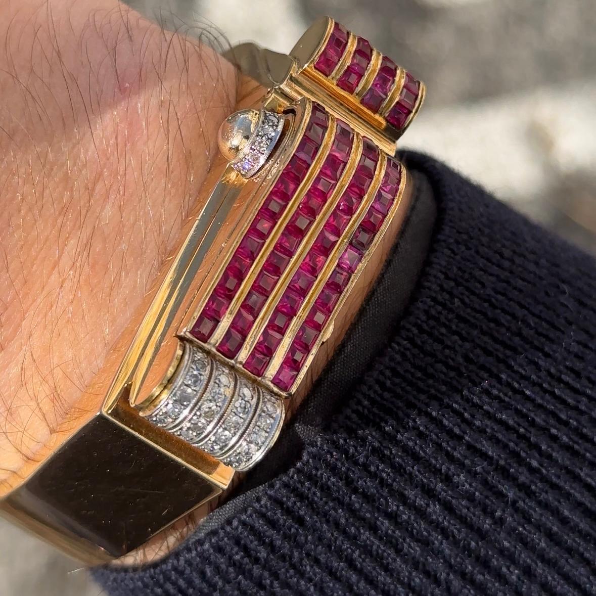 Titus Art Deco Odeonesque Concealed Cocktail Bracelet Watch Diamonds Gold 1940s For Sale 1