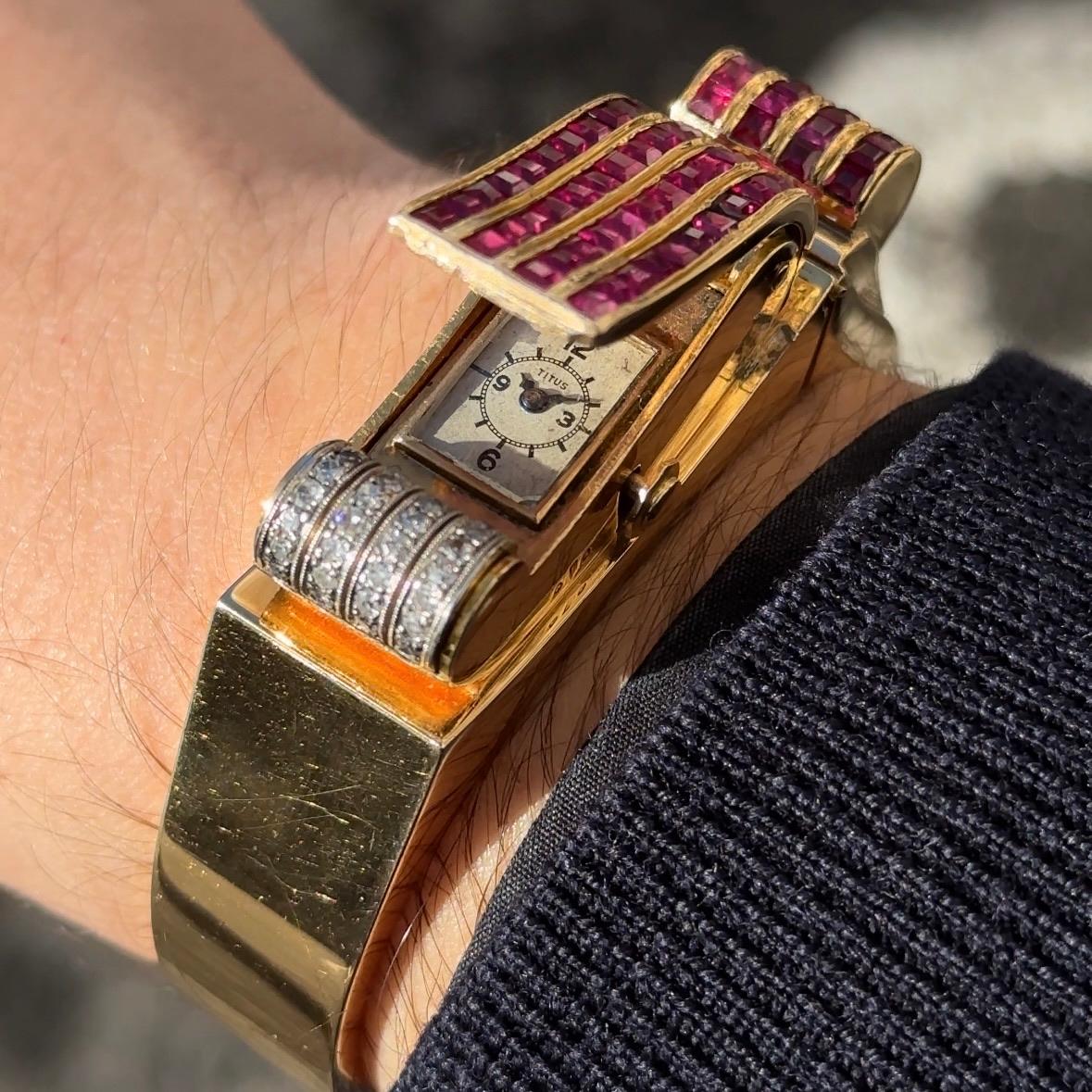 Titus Art Deco Odeonesque Concealed Cocktail Bracelet Watch Diamonds Gold 1940s For Sale 2